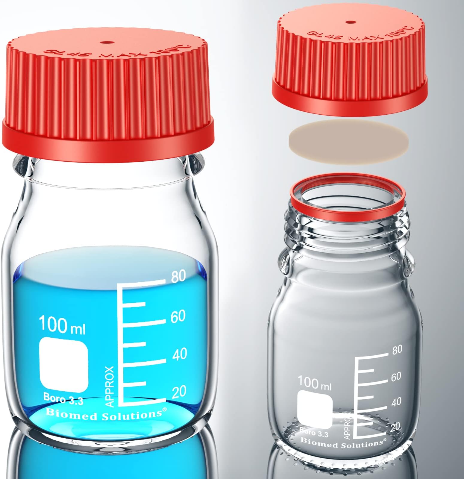 Biomed SolutionsMedia Storage bottle Borosilicate 3.3 Glass Container with PBT GL45 Screw Cap,PBT Pour Ring and PTFE Septa,Sterile,100mL,2/Pk
