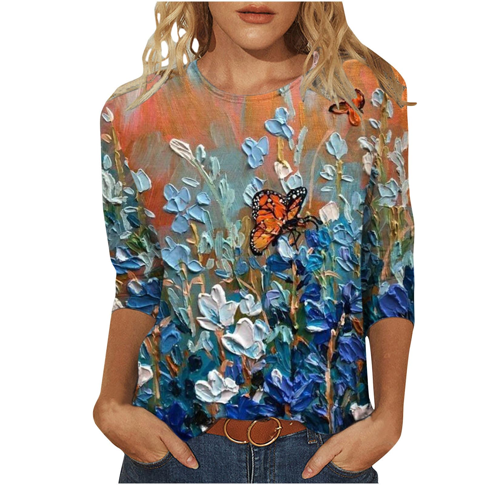 AINIYSsubscriptions on My Account Sumemr 3/4 Sleeve Tops for Women, 3/4 Sleeve Blouses for Women, 2023 Summer Floral Clothes, Summer Fashion Trendy Tee Shirts T-Shirts Tops