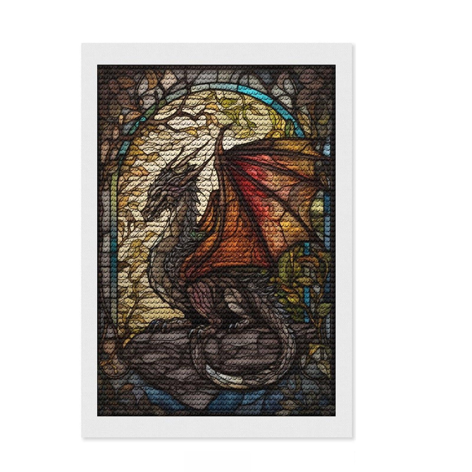 Junmoney Dragon in A Glass Diamond Painting Set 8"x12", Neat Printed Canvas, with Tool Kit, Bedroom Decor, Gift Idea, Complete Accessories