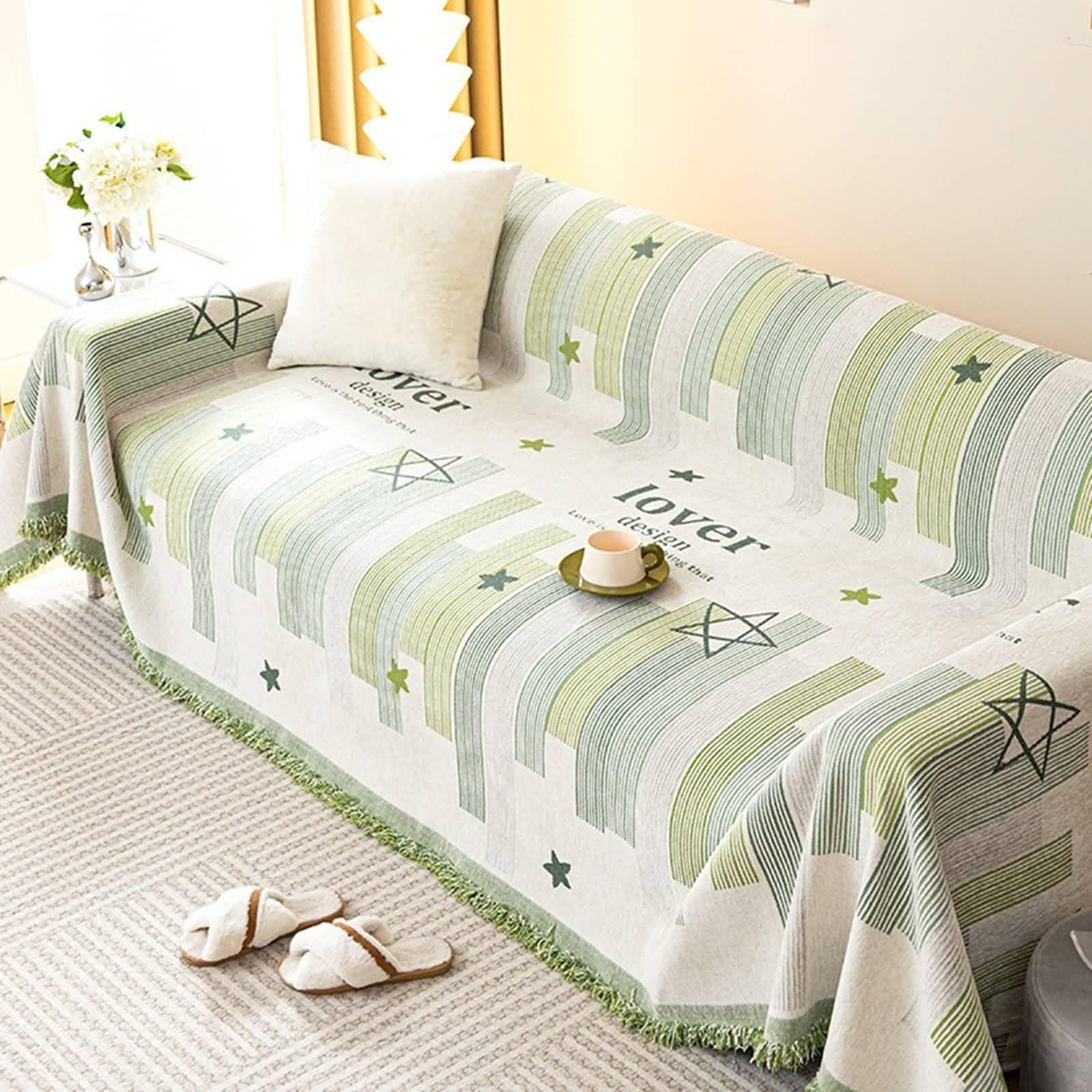 Protège canapé méridienne en chenille vert haut de gamme motif étoiles