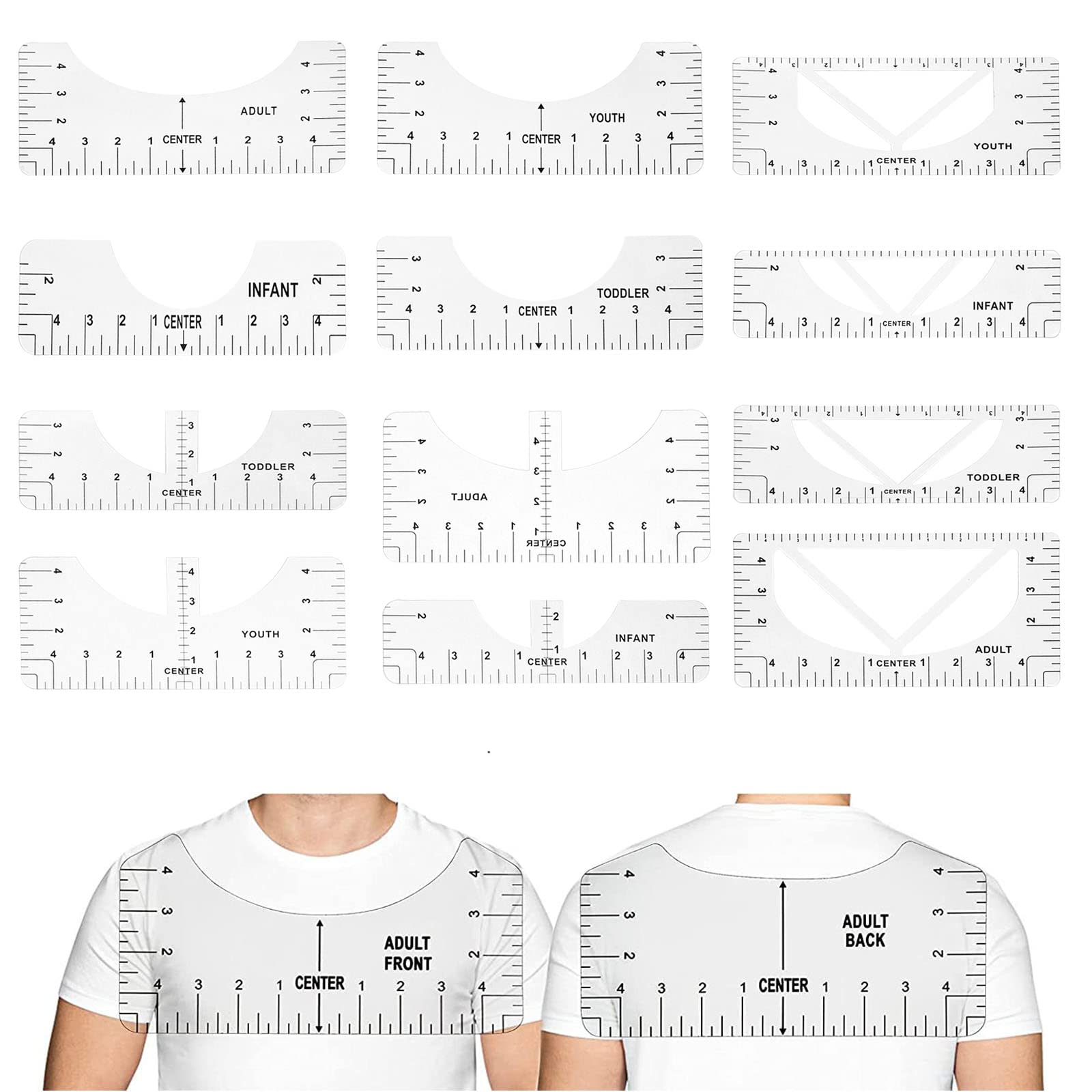 T-Shirt Ausrichtungslineal, 12pcs Ausrichtungslineal Werkzeug Für T-Shirt, T-Shirt Lineal Guide Tool Set für V-Ausschnitt/T-Bogen-Kragen