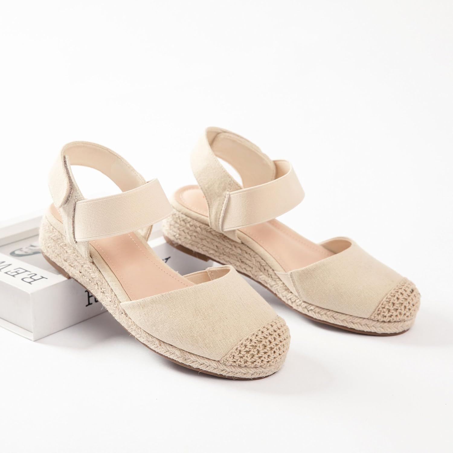 Veittes Women's Platform Wedge Heel Espadrille Sandals,Hook-and-Loop Closure with Elastic Ankle Strap, lightweight Rubber Sole, Comfortable Insole, Close-Toe Casual Summer Sandals - Image 3