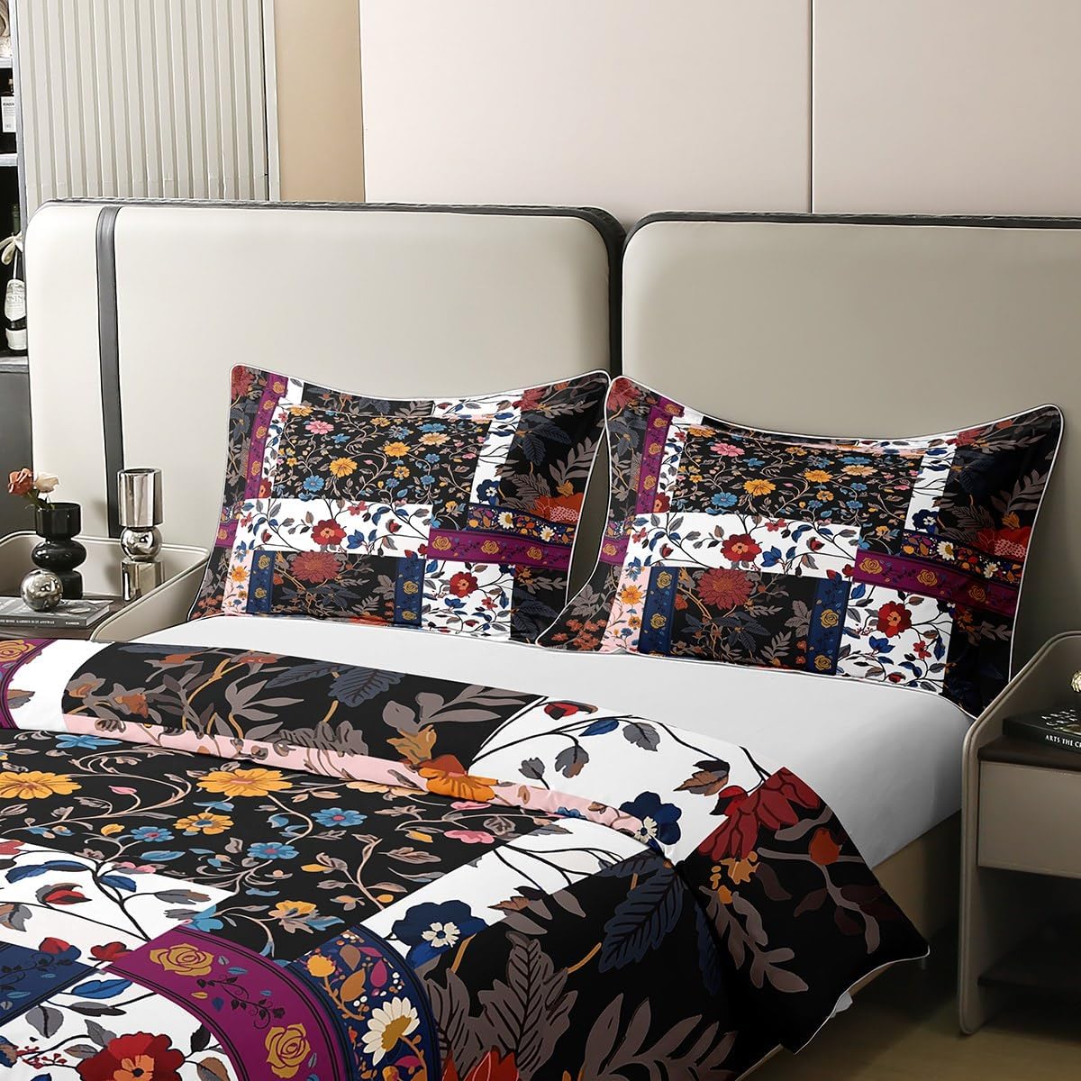 Feelyou Floral Duvet Cover 100% Cotton King Size Boys Girls Patchwork Floral Bedding Set Breathable Soft Botanical Flowers Comforter Cover 3Pcs Vintage Flowers Bedroom Decor Microfiber Zipper Closure