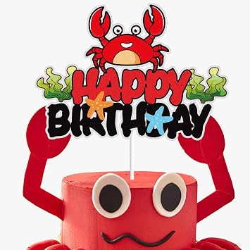 Crab Happy Birthday Cake Topper Black Red Glitter Ocean Under The Sea Animals Theme Birthday Party Cake Decor Cute Crab Seaweed Starfish Party Decoration Supplies for Kids Boys Girls