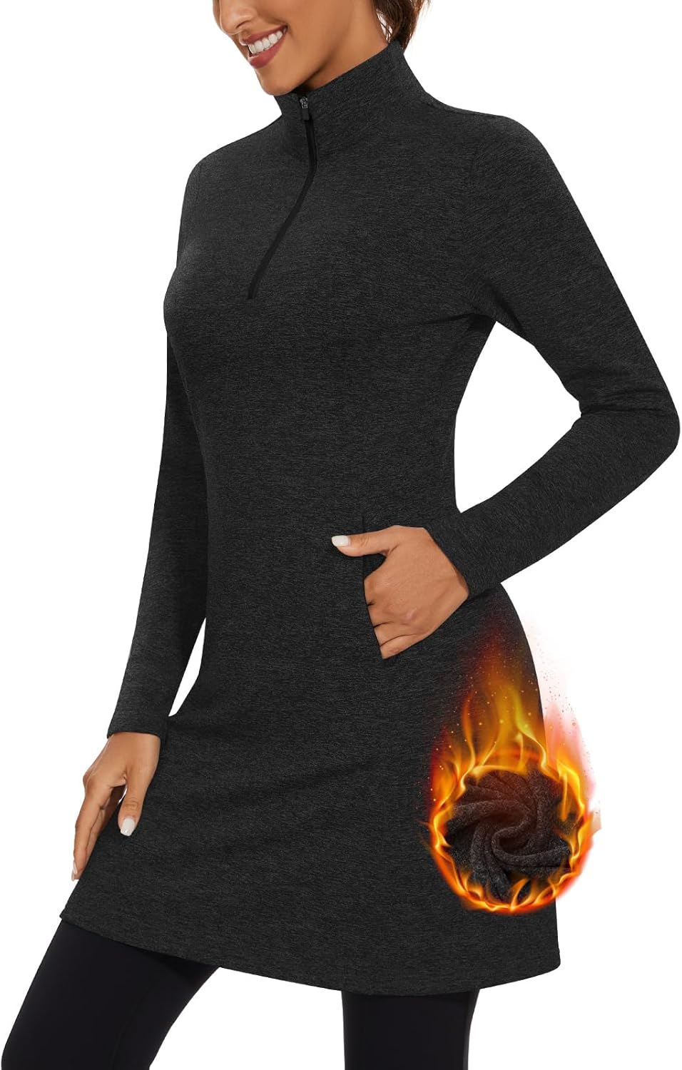 WOWENY Women's Fleece Dress Thermal Sweatshirt Tunic Dress Long Quarter Zip Pullover Polar Winter Dress with Pocket