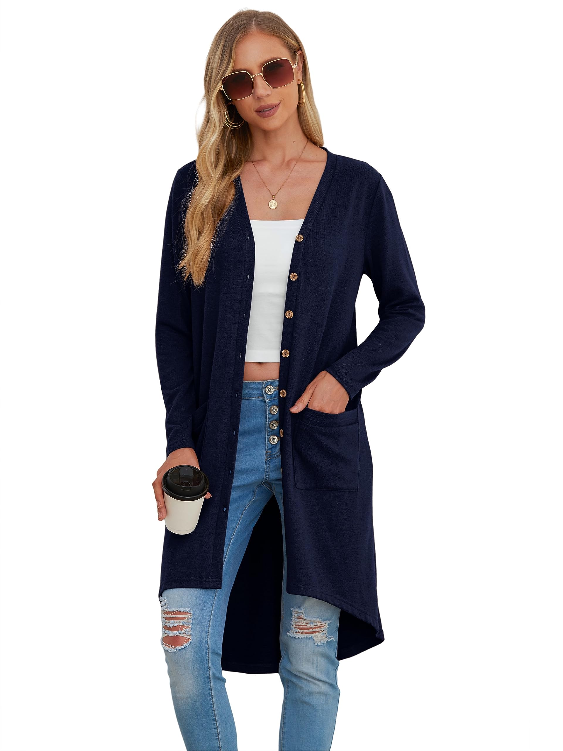 GRECERELLE Cardigan Lungo da Donna Cardigan Elegante a Manica Lunga Laterale con Bottoni e Tasche