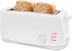 Maxi-Matic ECT-4829 Long Cool Touch 4-Slice Toaster with Extra Wide 1.25" Slots for Bagels, Waffles and Specialty Breads, CANCEL, Reheat, Defrost 6 Shade Settings, White