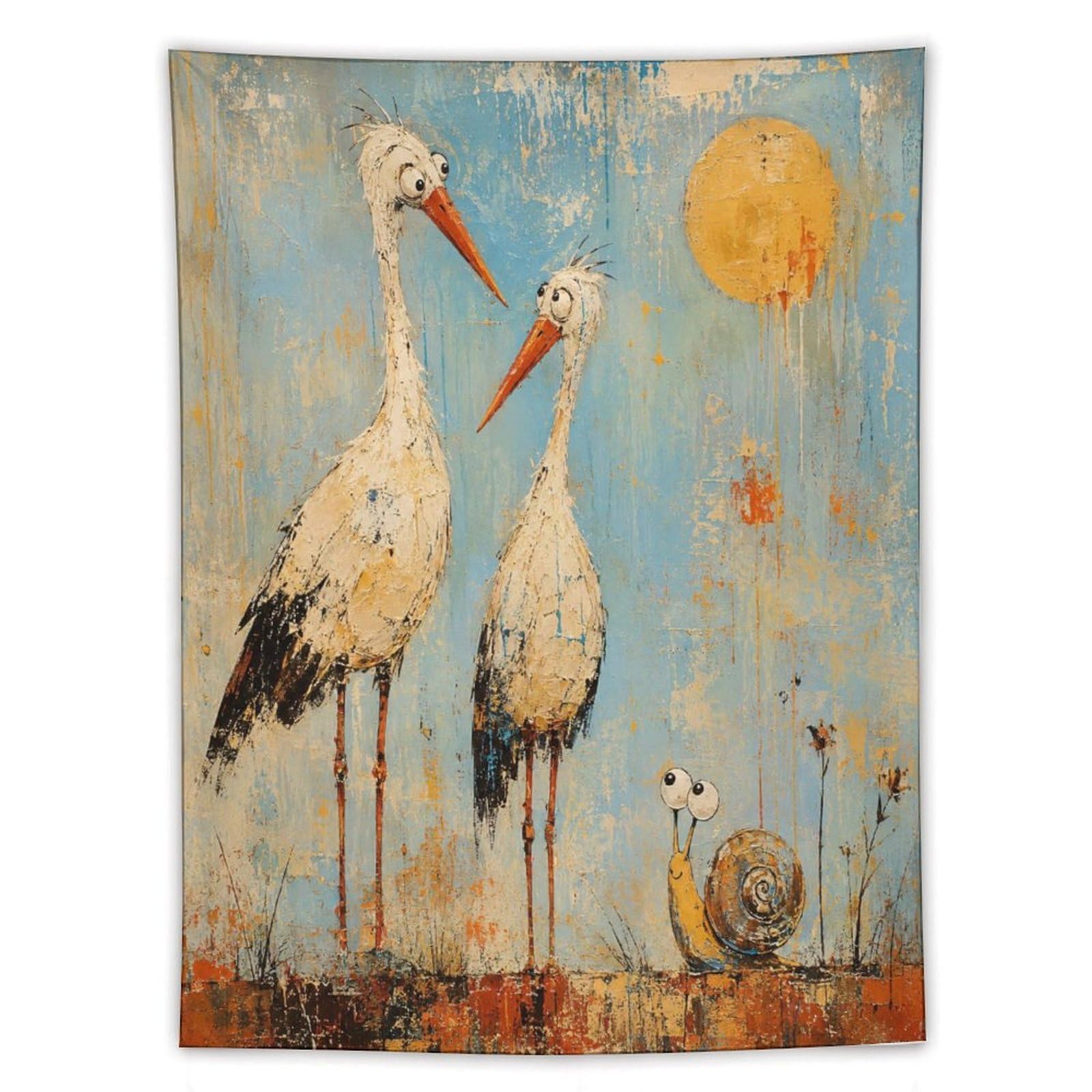 H3B8U2Y5 Storks with Snail Wall Tapestry, Folk Art Style, Whimsical Bird