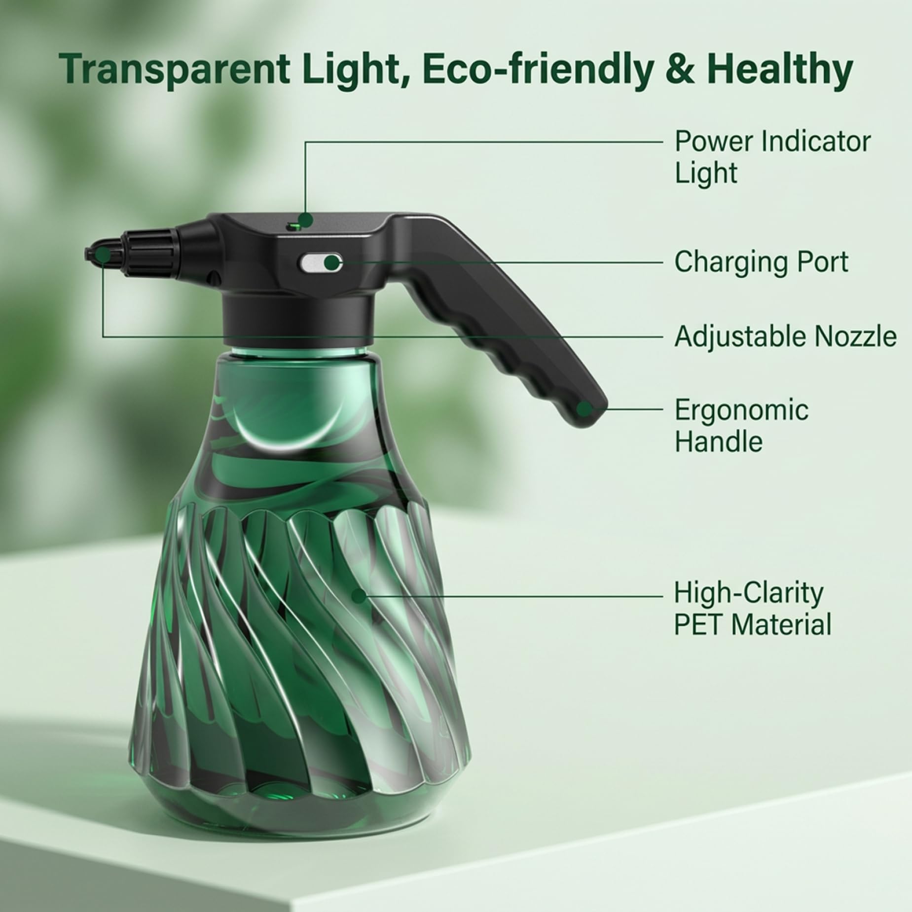 Botella pulverizadora eléctrica de 2000 ml, pulverizador de plantas recargable con modos de pulverización duales y boquilla larga, pulverizador de agua ergonómico para plantas de interior, jardinería