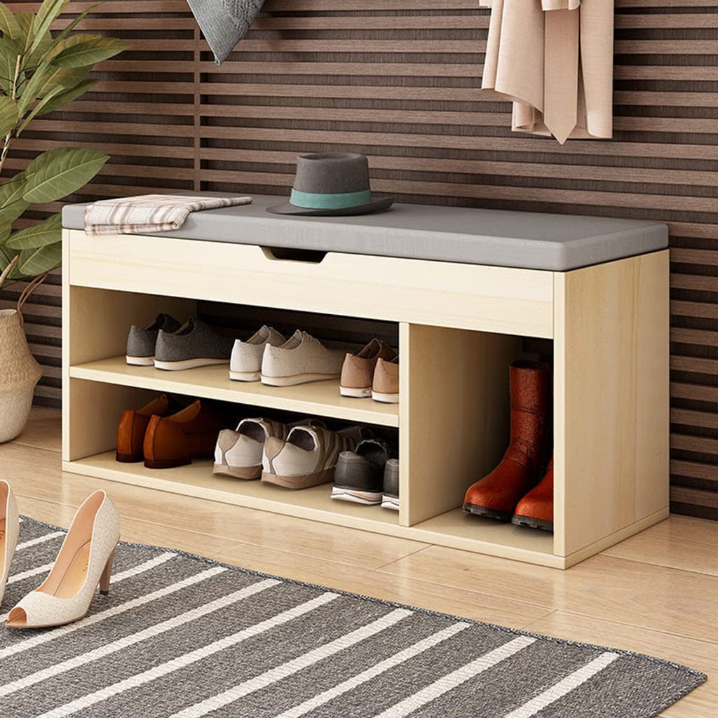 Étagère à chaussures à 3 niveaux et banc d'assise rembourré avec coffre de rangement intégré
