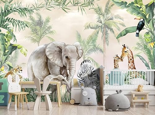 Miniatura 2 de Mural de pared con diseño de plantas tropicales de animales, habitación de niños, elefante, 91 x 65 pulgadas (no se puede despegar ni pegar)