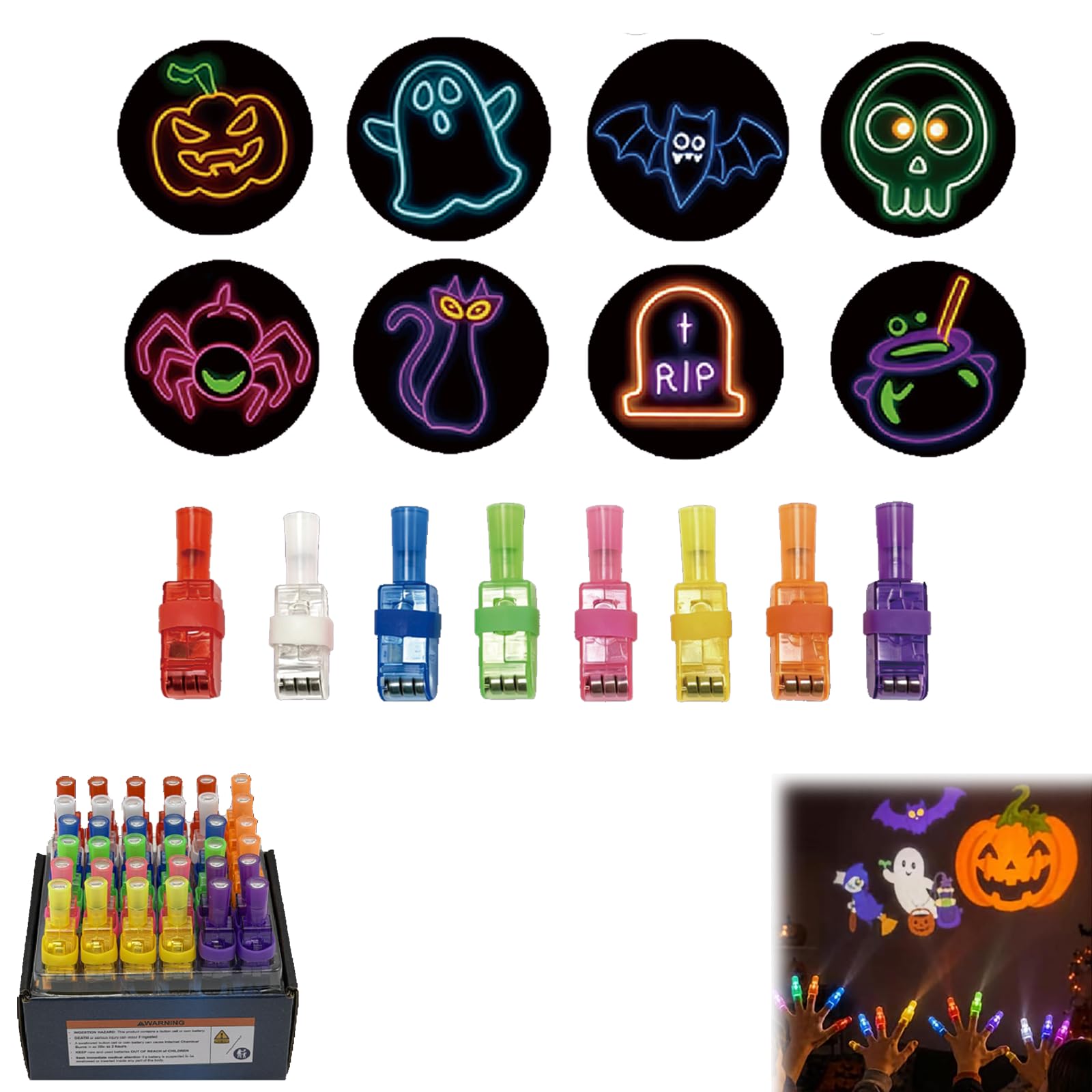 36 Pcs LED Finger Lights Toys – Glow in Dark Light Up Projector Fingers in Multiple Designs, Halloween & Christmas Party Bag Fillers, Goodie Bag Prizes, Classroom Rewards，Halloween,A