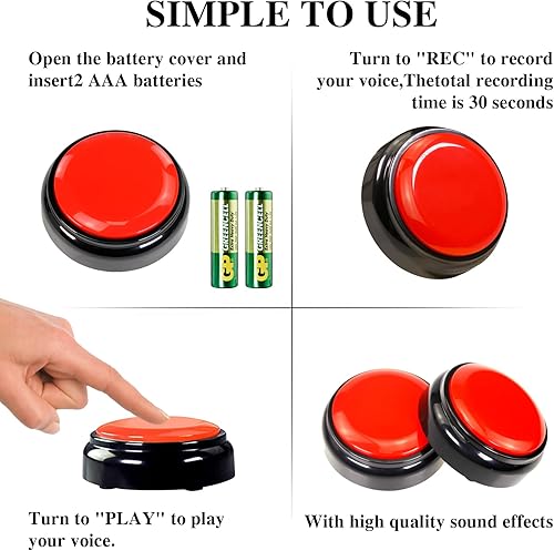 Miniatura 2 de Botón de grabación de 30 segundos, botón de sonido de grabación para educación de regalo, incluye 2 pilas AAA (rojo + negro)