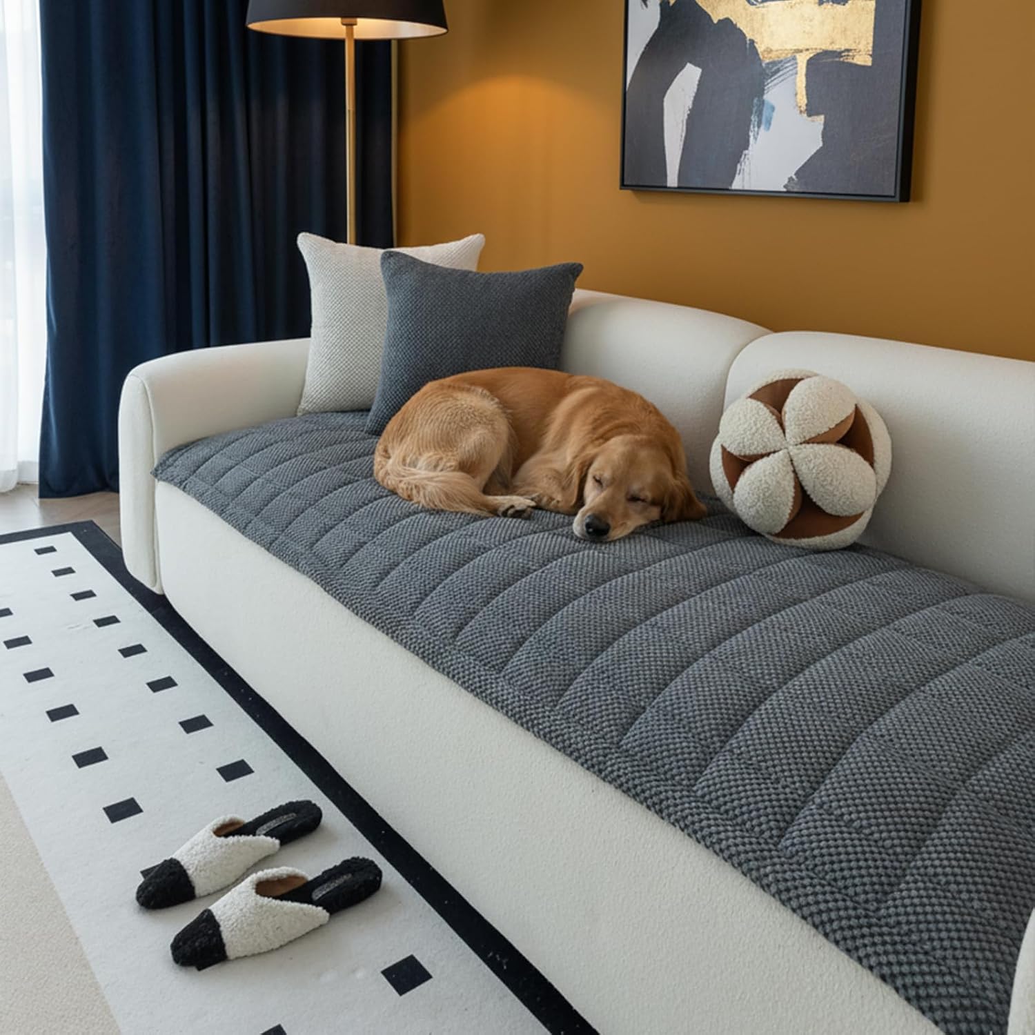 Washable Pet Couch Cover Non-Slip Fuzzy Sofa Slipcover, Geometric Dog Couch Cover Protector Pet-Friendly Cushion Mat for Couches and Sofas (Dark Grey, 27.6'' x 70.9'')
