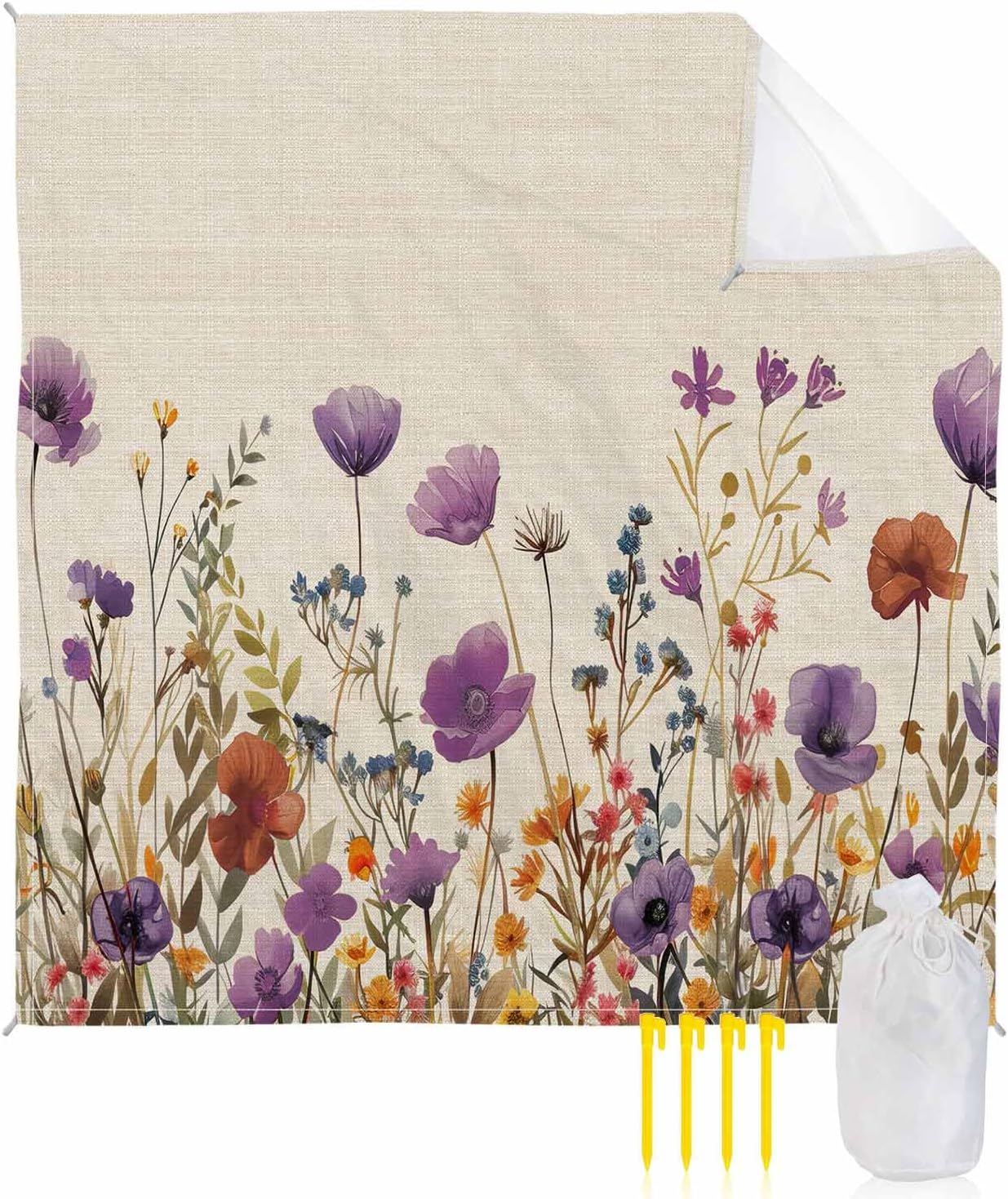 Watercolor Blossom Poppy Flower Beach Blanket Waterproof Sandproof Outdoor Picnic Mat 95"x80" Garden Floral Leaves on Linen Lightweight Large Beach Blankets with 4 Stake & 4 Corner Pockets