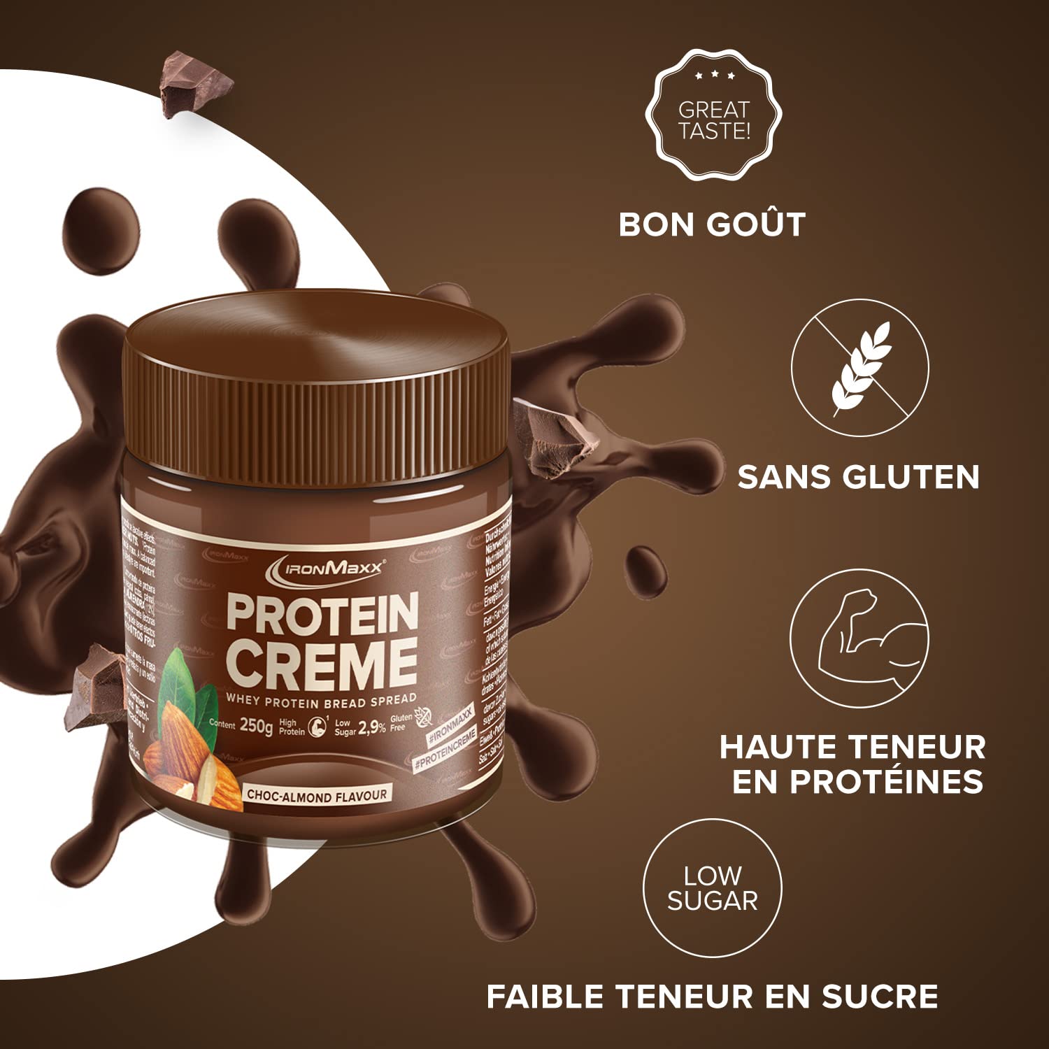 IronMaxx Protein Creme - Choc Almond 250g | cremiger high protein Brotaufstrich | low carb, low sugar für eine gesunde Ernährung geeignet (Packung mit 2)