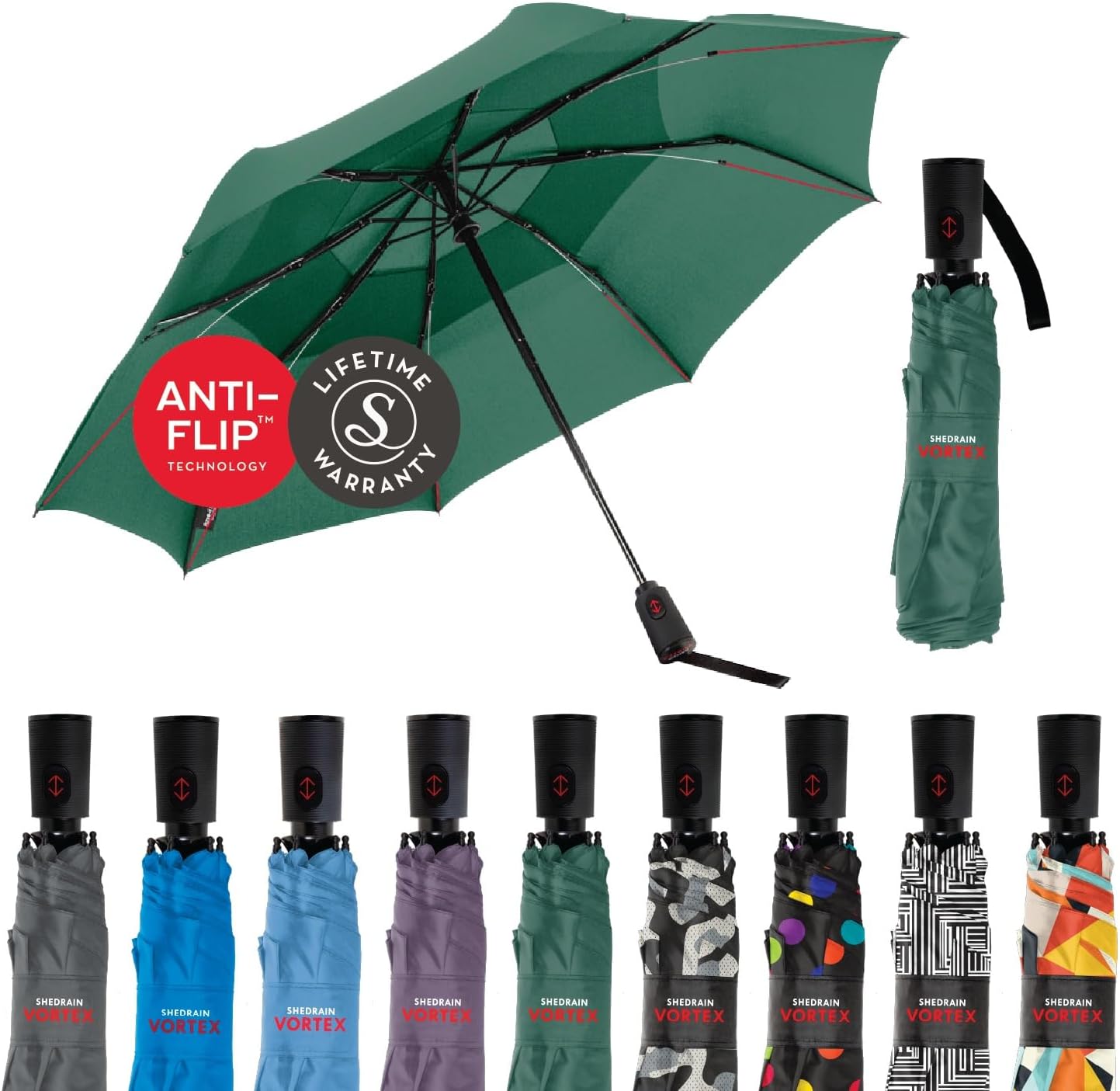 Vortex Compact Folding Travel Umbrella – Push-Button Open & Close, Vented Double Canopy, Protects from Rain, Sun, & Wind