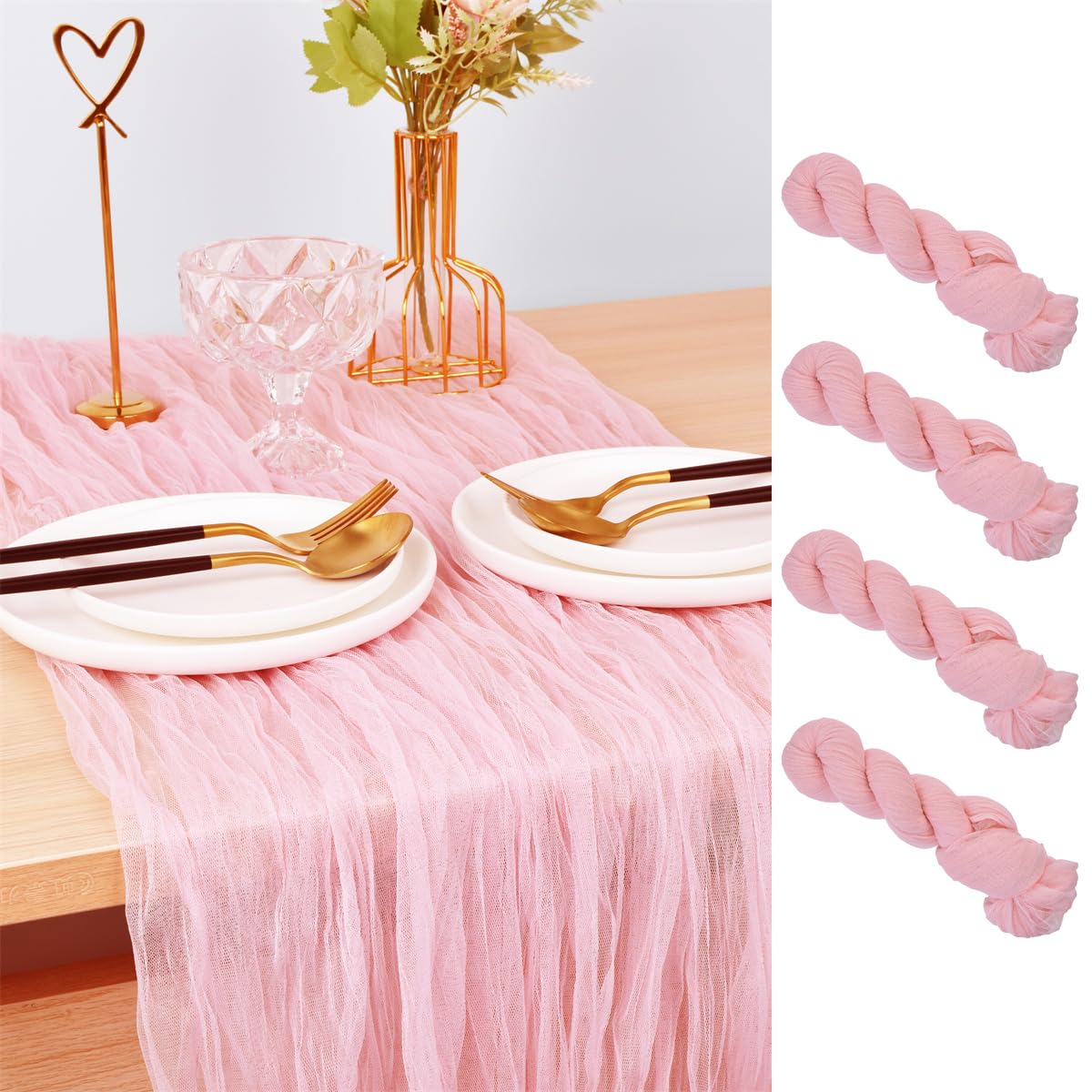 Joanlody Lichtroze kaasdoek tafelloper 25 cm rustiek gaas tafelloper 95 x 300 cm, boho tafelkleed voor bruiloft, bruidsfeest, babyshower, decoraties, set van 4