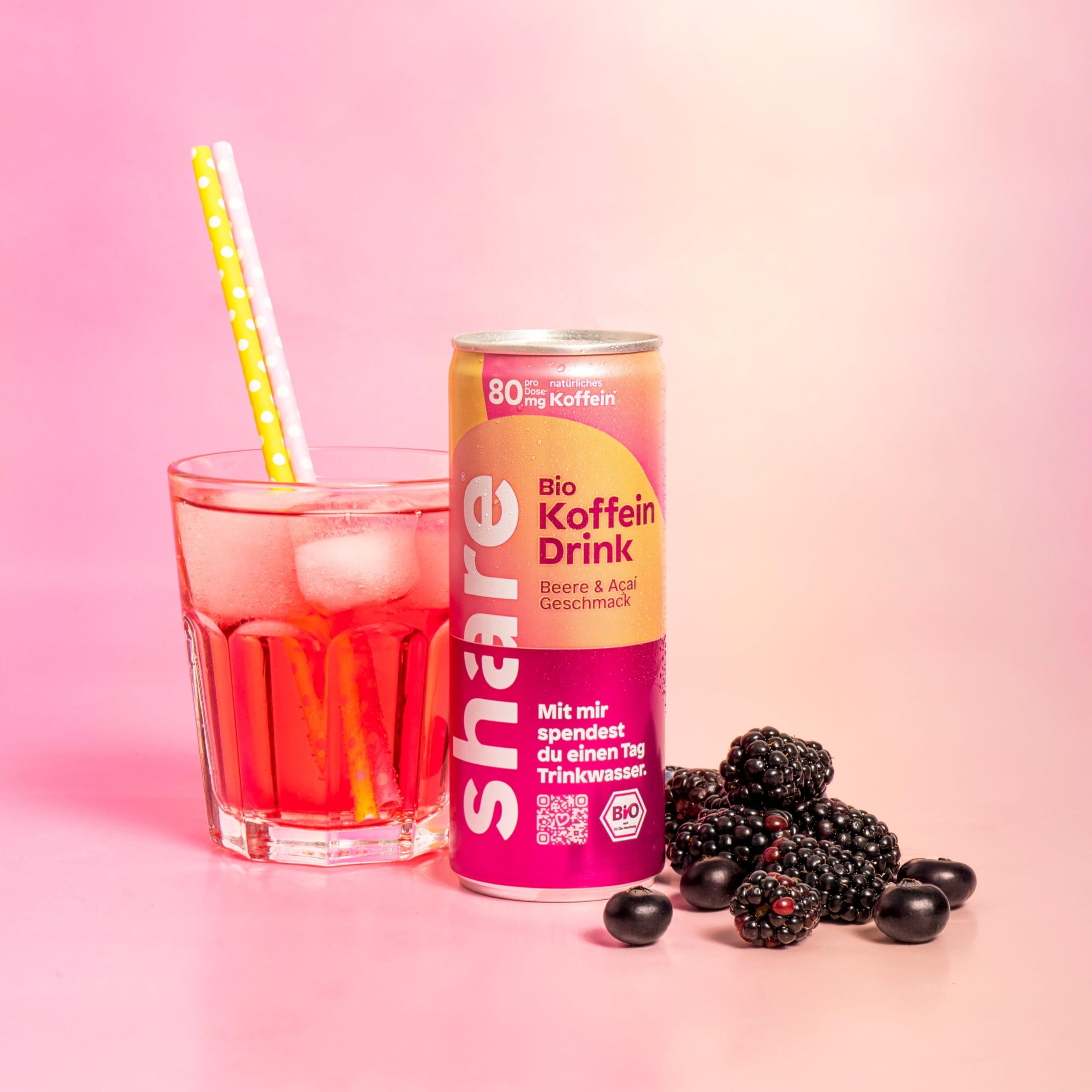 share Bio Koffein Drink Beere & Acai (24 x 250 ml) | Vegan, Koffeinhaltiges Erfrischungsgetränk, 80 mg natürliches Koffein aus Bio-Kaffeebohnen pro Dose, Jeder Kauf spendet