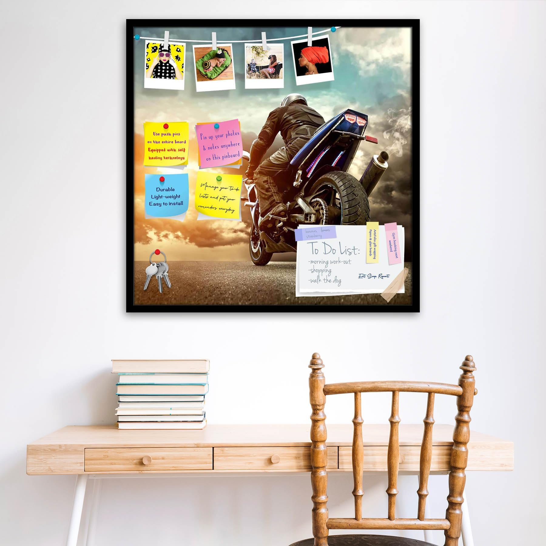 ArtzFolio Man Seat On The Motorcycle Under Sky with Clouds | Bulletin Board Notice Pin Board | Vision Soft Board Combo with Thumb Push Pins & Sticky Notes | Black Frame | 12 x 12 inch (30 x 30 cms)