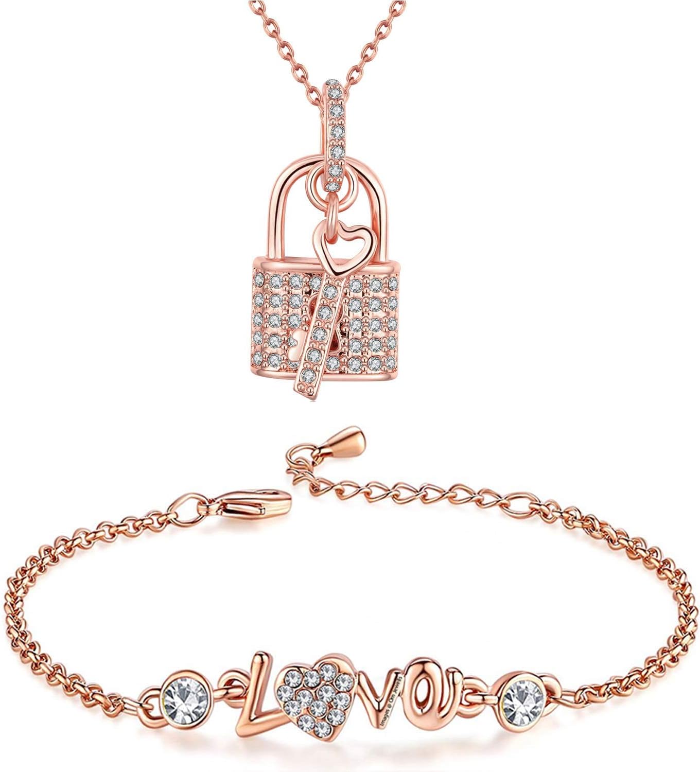OkosValentine Jewellery Combo Of Rose Gold Platted Lock And Key Pendant Necklace With Designer Love Link Bracelet For Girls And Women CO1000090C