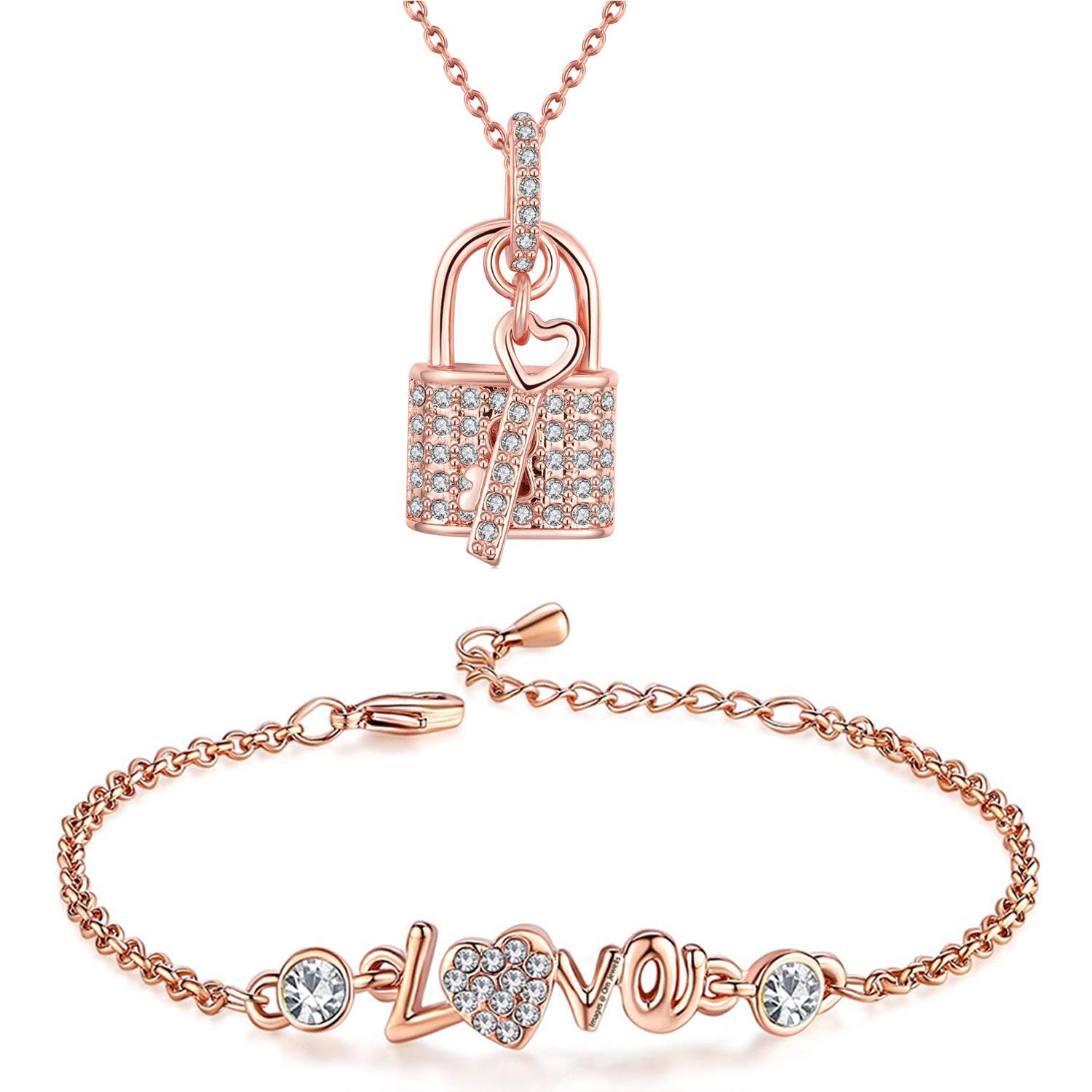 OkosValentine Jewellery Combo Of Rose Gold Platted Lock And Key Pendant Necklace With Designer Love Link Bracelet For Girls And Women CO1000090C