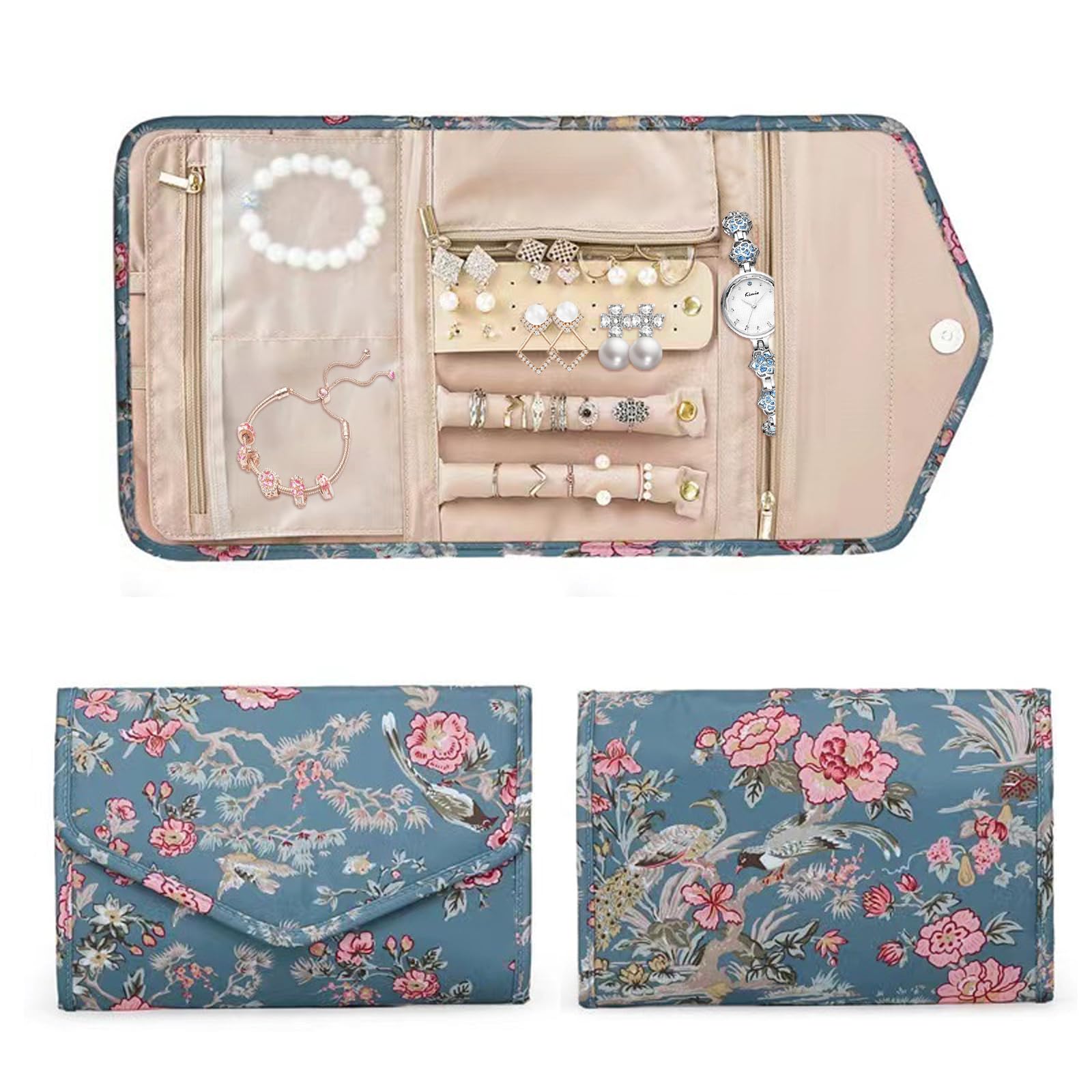 Fuzvol Women's Floral Travel Jewellery Organiser Roll, Foldable Jewelry Storage Roll Bag Case For Journey-Rings, Necklaces, Earrings, Bracelets, Large Capacity, Portable And Practical