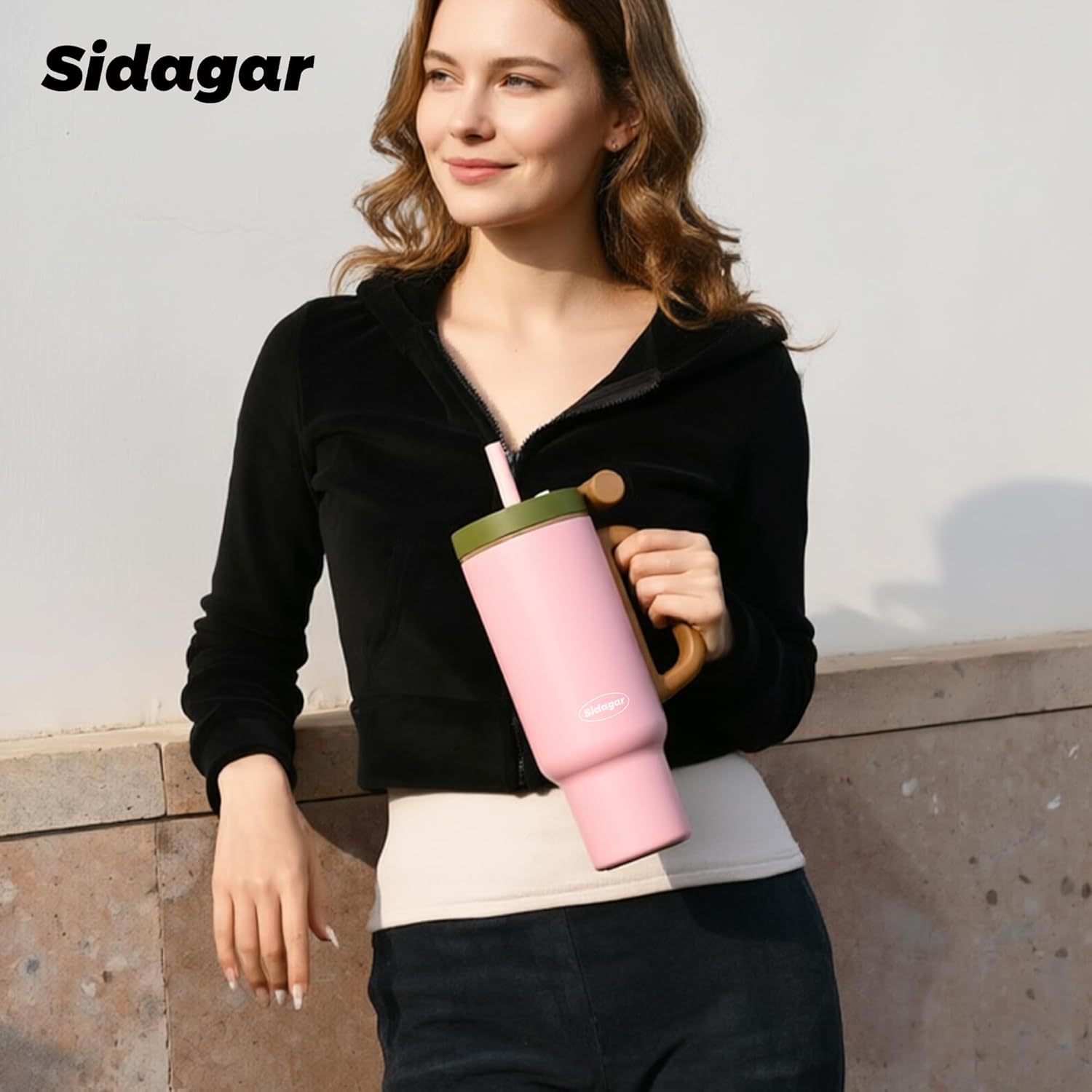Tumbler with Handle,36 oz Ceramic Lined Travel Mug Water Bottle with Straw,Vacuum Insulated Stainless Steel Cup with Lid,Fits Cup Holder, Leak Resistant Press-in Lid,Pink
