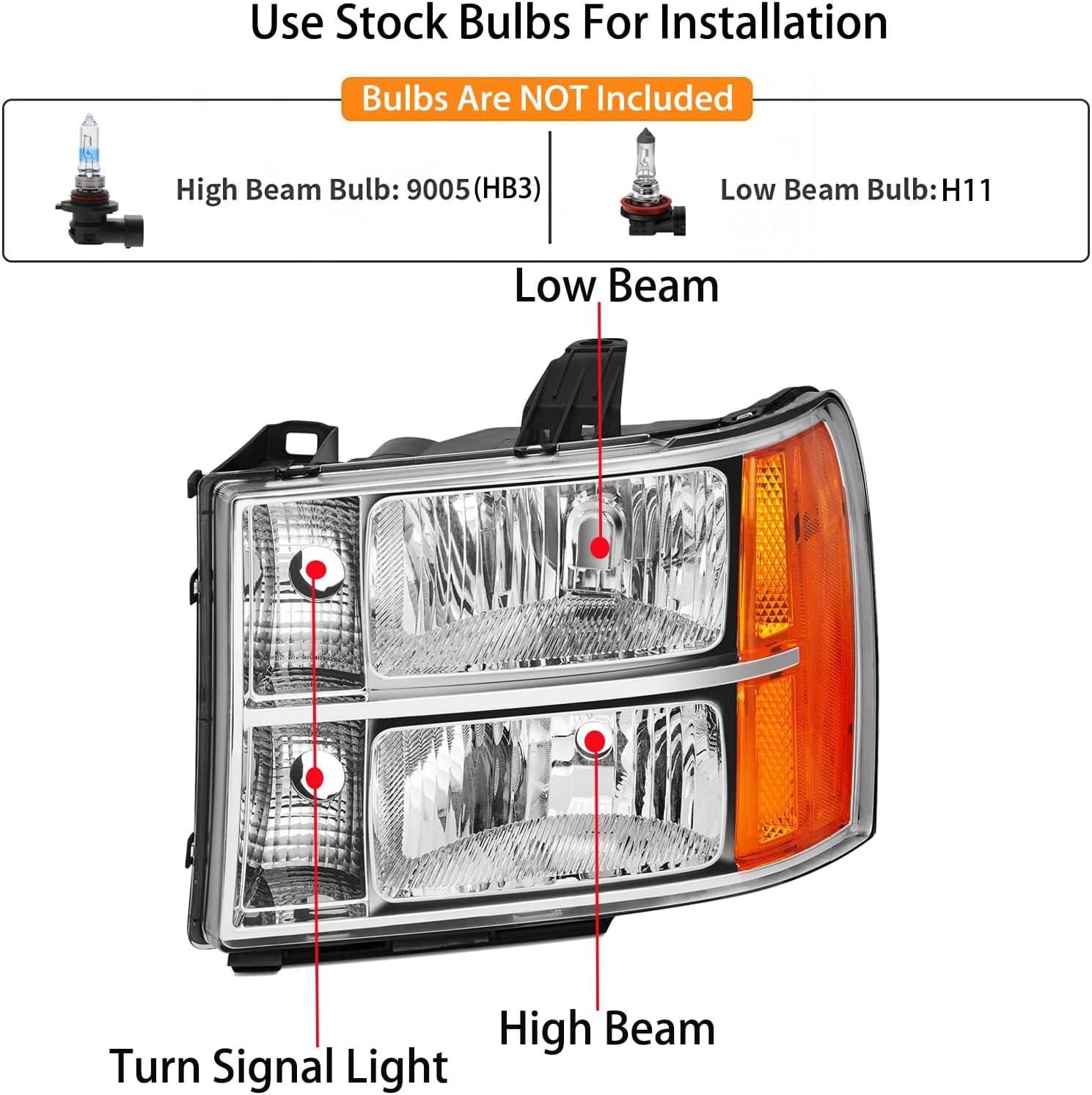 Headlight Assembly Set For 2007 2008 2009 2010 2011 2012 2013 GMC Sierra 1500 Hybrid Pickup/2007-2014 Sierra 2500/3500HD Truck Replacement Headlamps Chrome Housing Clear lens Left&Right side(LH&RH)