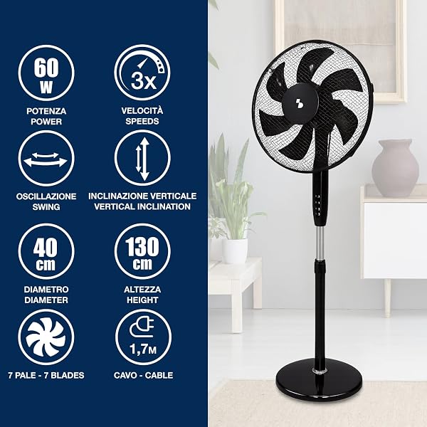 BEPER P206VEN120 Ventilateur sur pied 7 pales, 40 cm, oscillant, 3 vitesses, hauteur réglable jusqu'à 130 cm, base ronde stable, noir - 2