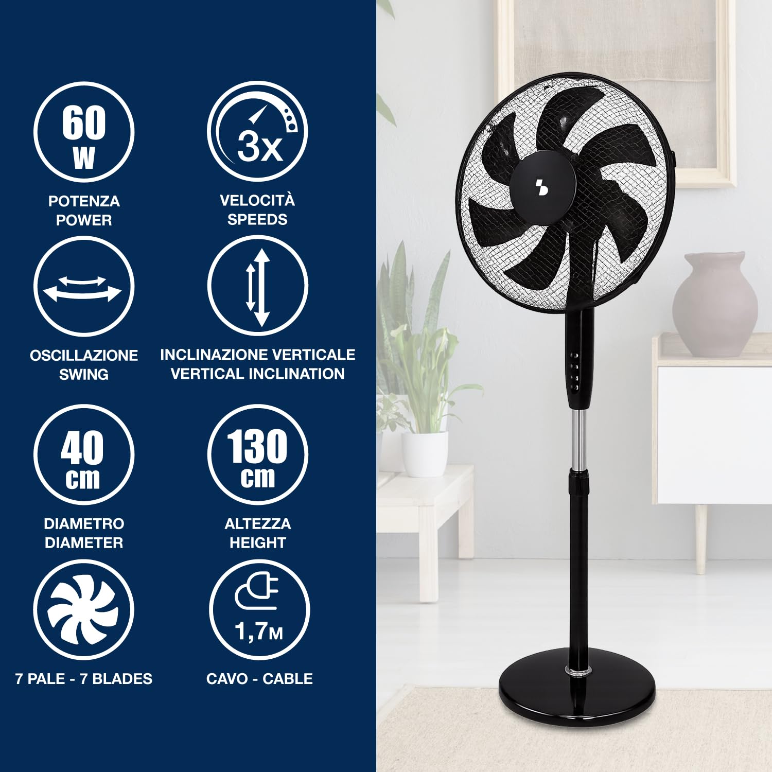 BEPER P206VEN120 Ventilateur sur pied 7 pales, 40 cm, oscillant, 3 vitesses, hauteur réglable jusqu'à 130 cm, base ronde stable, noir - 2