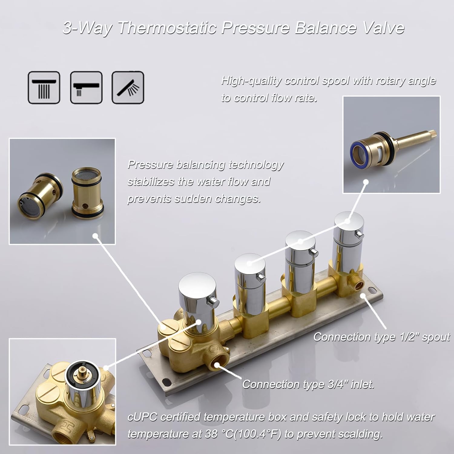 Thermostatic Shower Valve Concealed Mount, Pressure Balancing Brass Shower Mixing Valve, Can Water Flow Control, Polished Chrome