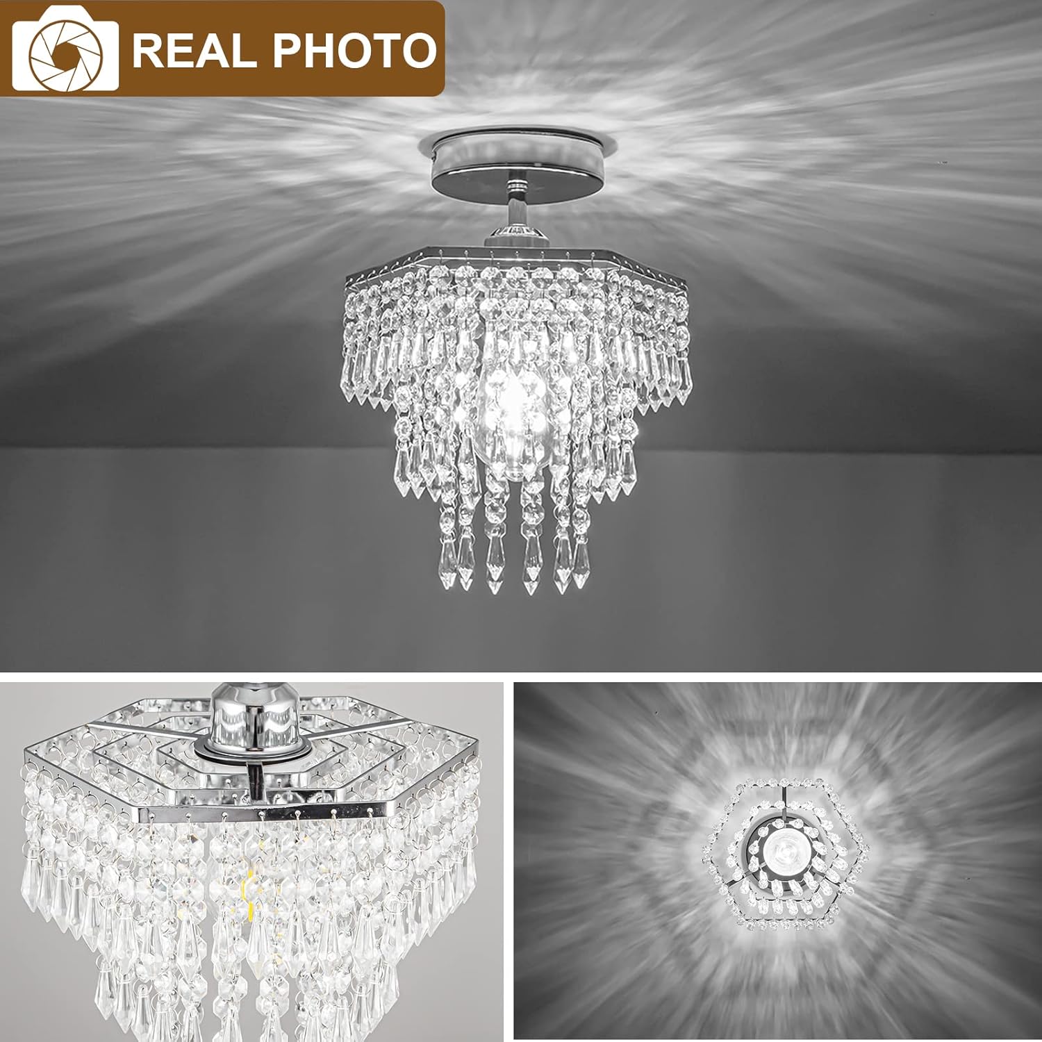 HongnuoFc Mini Crystal Chandelier Flush Mount Ceiling Light Fixtures Small Chandelier for Bathroom Bedroom Closet Hallway Foyer(E26 Bulb Base, Chrome) - - 