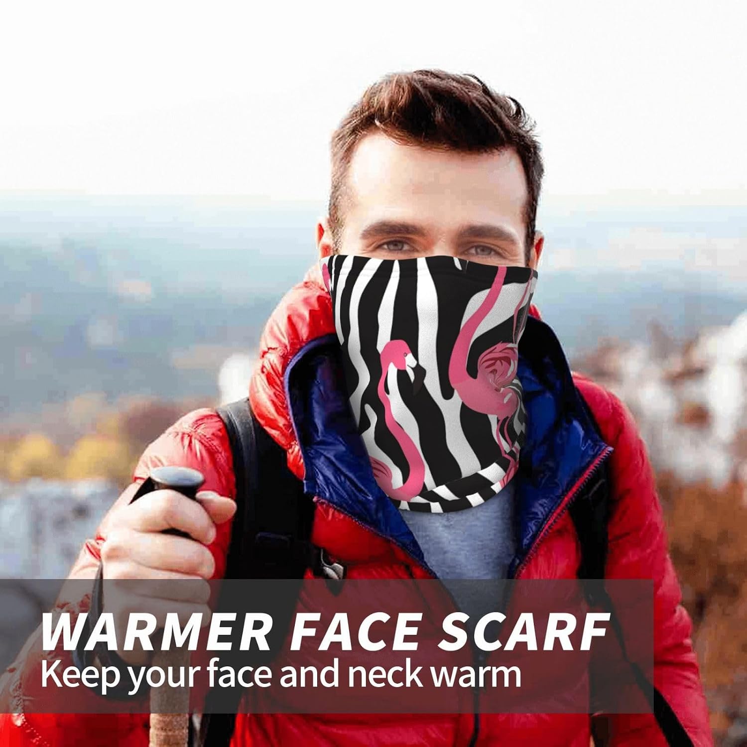 Winter Face Mask Elastic Headband Cold Weather Neck Warmer for Men Women, Zebra Patterned Flamingo Adjustable Neck Gaiter