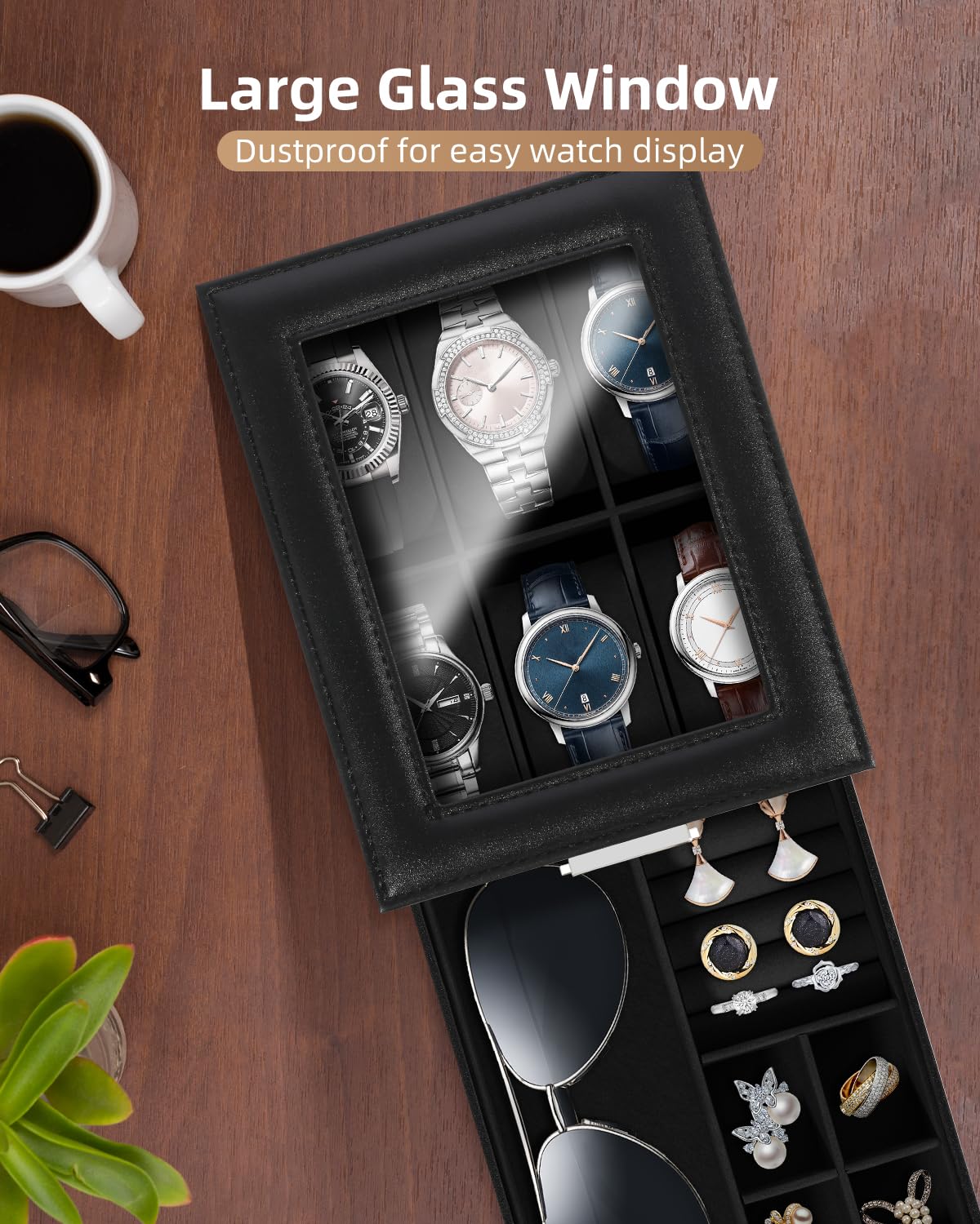 Uten Watch Box 6 Slots, 2-Tier Watch Case with Key Lock, Glass Lid - Image 4