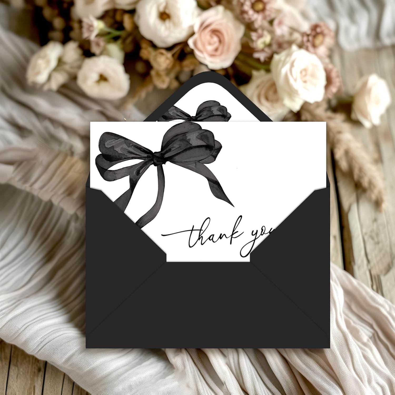Whaline 24Pcs Black Bow Thank You Cards with Envelopes and Stickers Watercolor Bow Greeting Cards Black Blank Note Cards for Halloween Party Supplies - Image 5