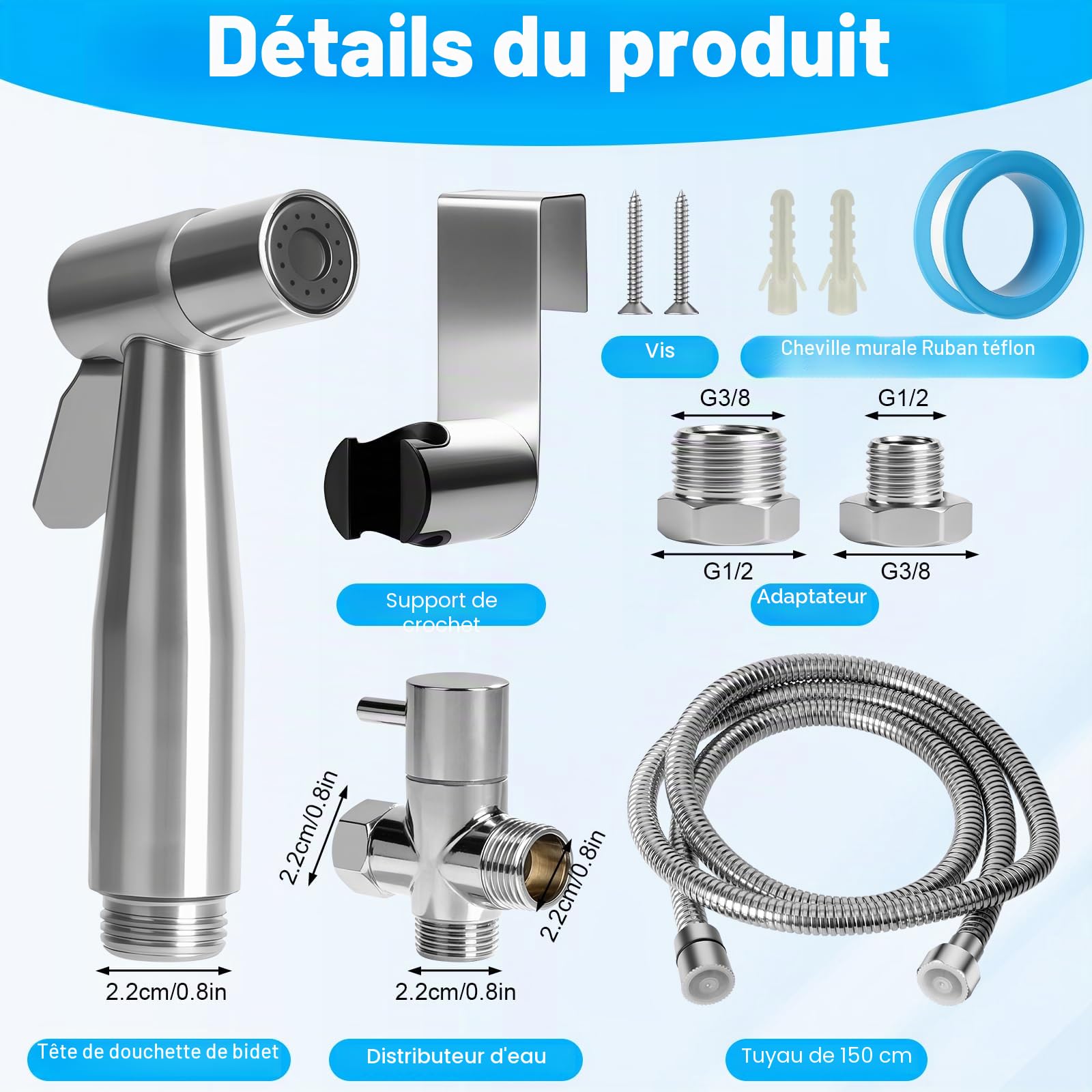 Kit de Douchette de Bidet en Acier Inoxydable, Kit Douchette WC avec Vanne 3 Voies (1/2"-3/8"), Pulvérisateur de Bidet à Main pour Hygiène Personnelle Animauxet Nettoyage Des Couches