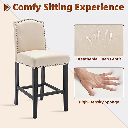Miniatura 4 de Juego de 2 taburetes de bar, sillas de mostrador con ribete de remache, taburetes de bar tapizados para isla de cocina con acogedor asiento de 26