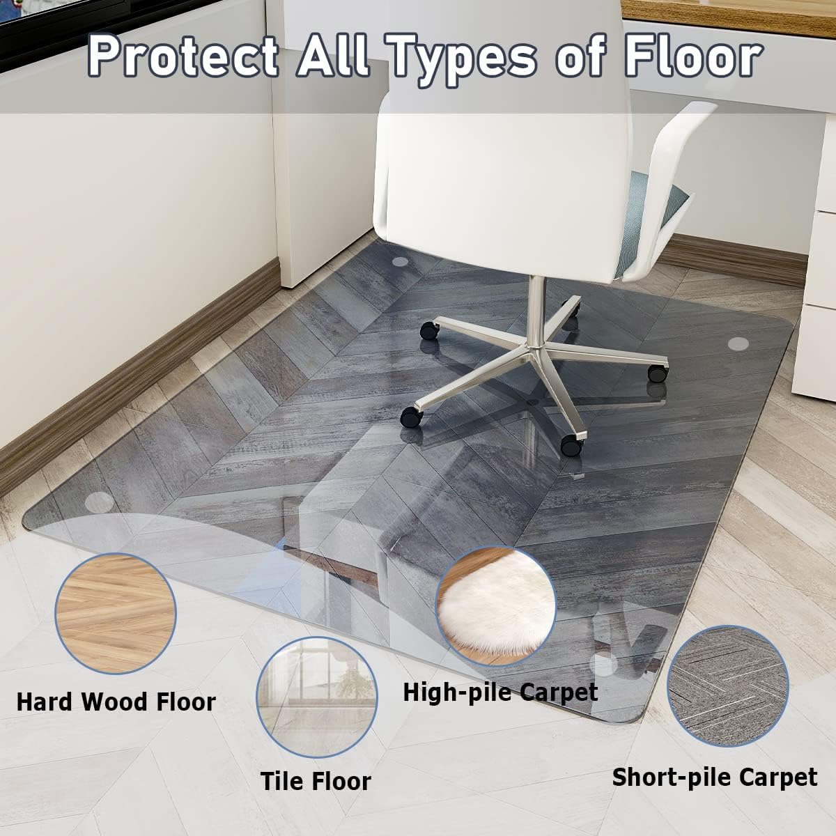 Easly 46" x 55" Chair Mat for Carpet - Office Chair Mat - Tempered Glass Floor Mat for Home/Office/Carpet Clear Computer Floor Mat - with 4 Anti-Slip Pads,Grey