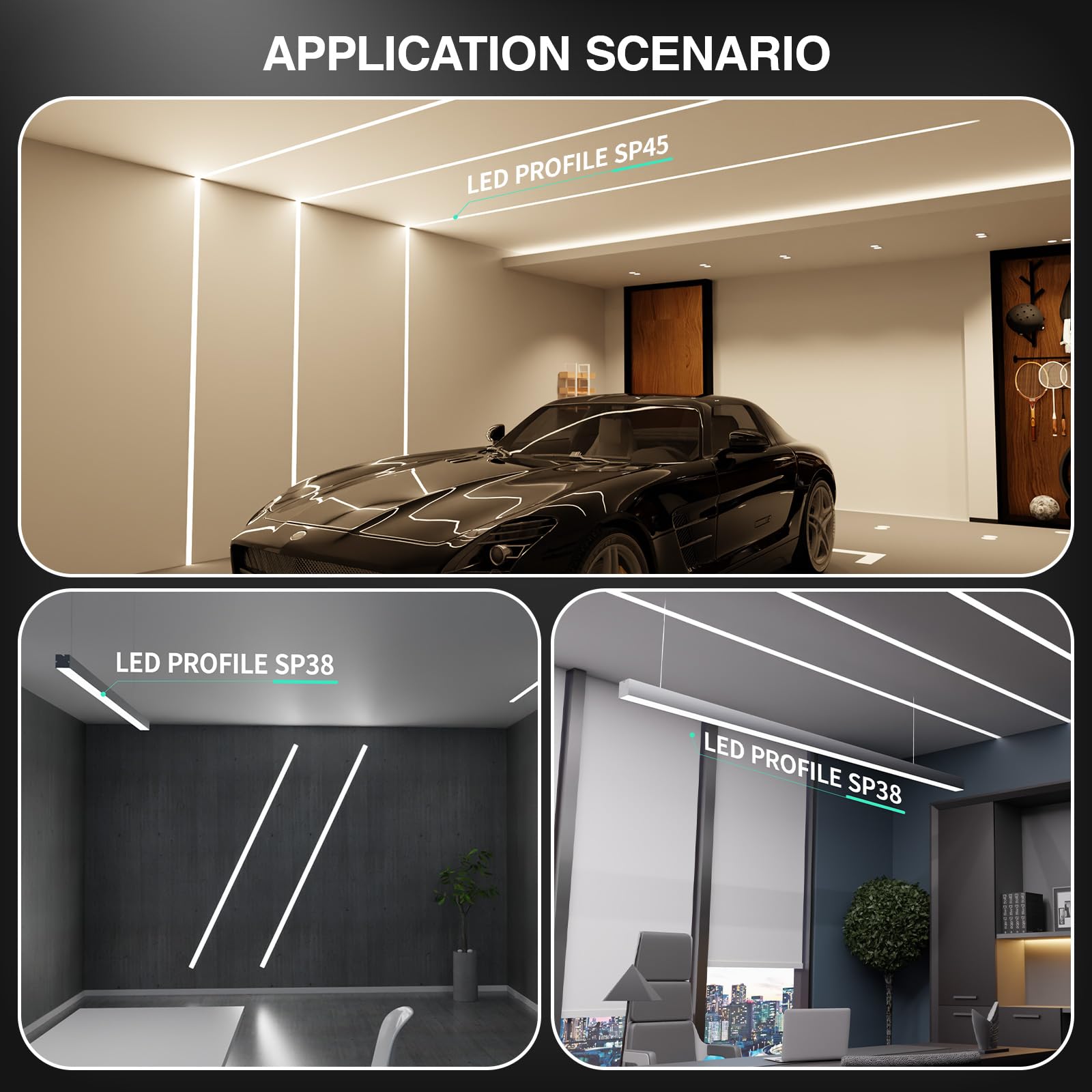Shine Plus Profili per Strisce LED 6 pz x 2 m Con coperchio in PC opaco Profilo Dimensioni 24,4mm (alette 61,8mm) x 12,8mm Supporta la larghezza massima della striscia LED 20mm
