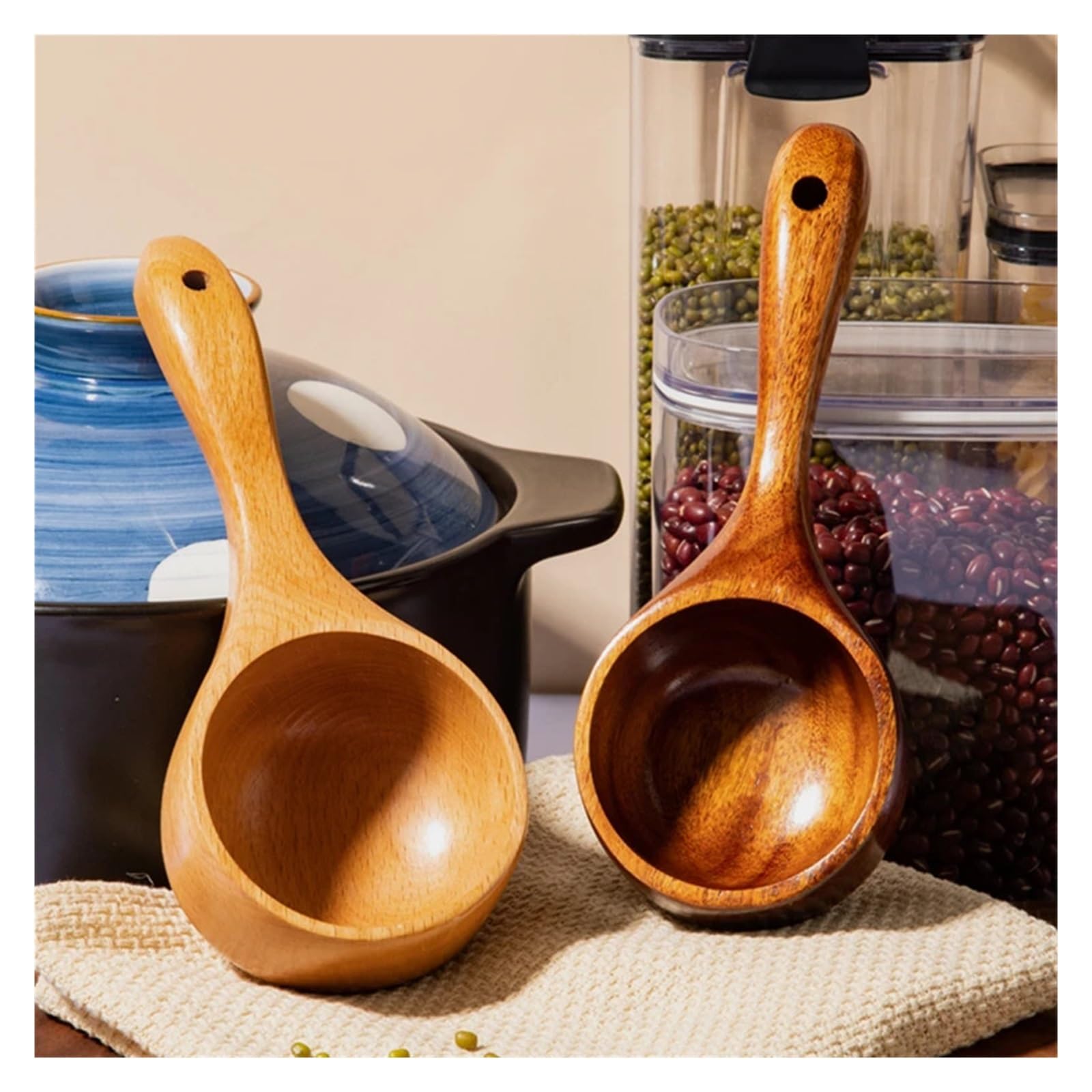 Lot de 2 cuillères à ramen en bois, style japonais, louche à soupe à manche court, accessoires de cuisine pour bouillon et cuillère à eau