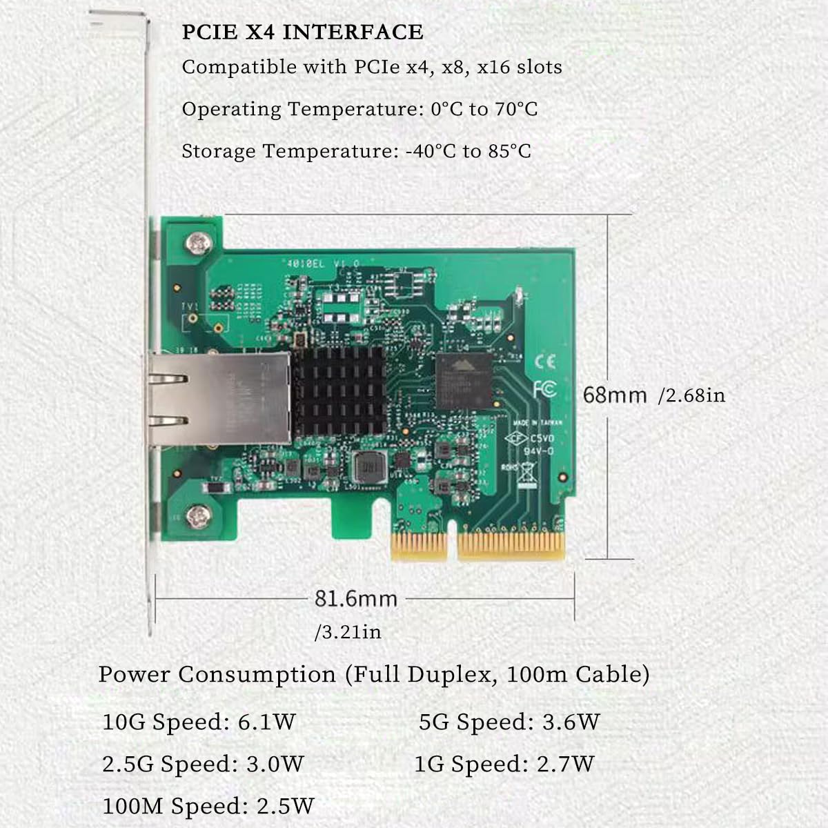 Scheda di rete Ethernet PCIe X4 a 10G RJ45 per desktop e server, PCI Express 2.0 x4 10G/5G/2.5G/1G/100M RJ45 Adapter - 10 Gigabit LAN NIC con Jumbo Frame & Link Aggregation Support