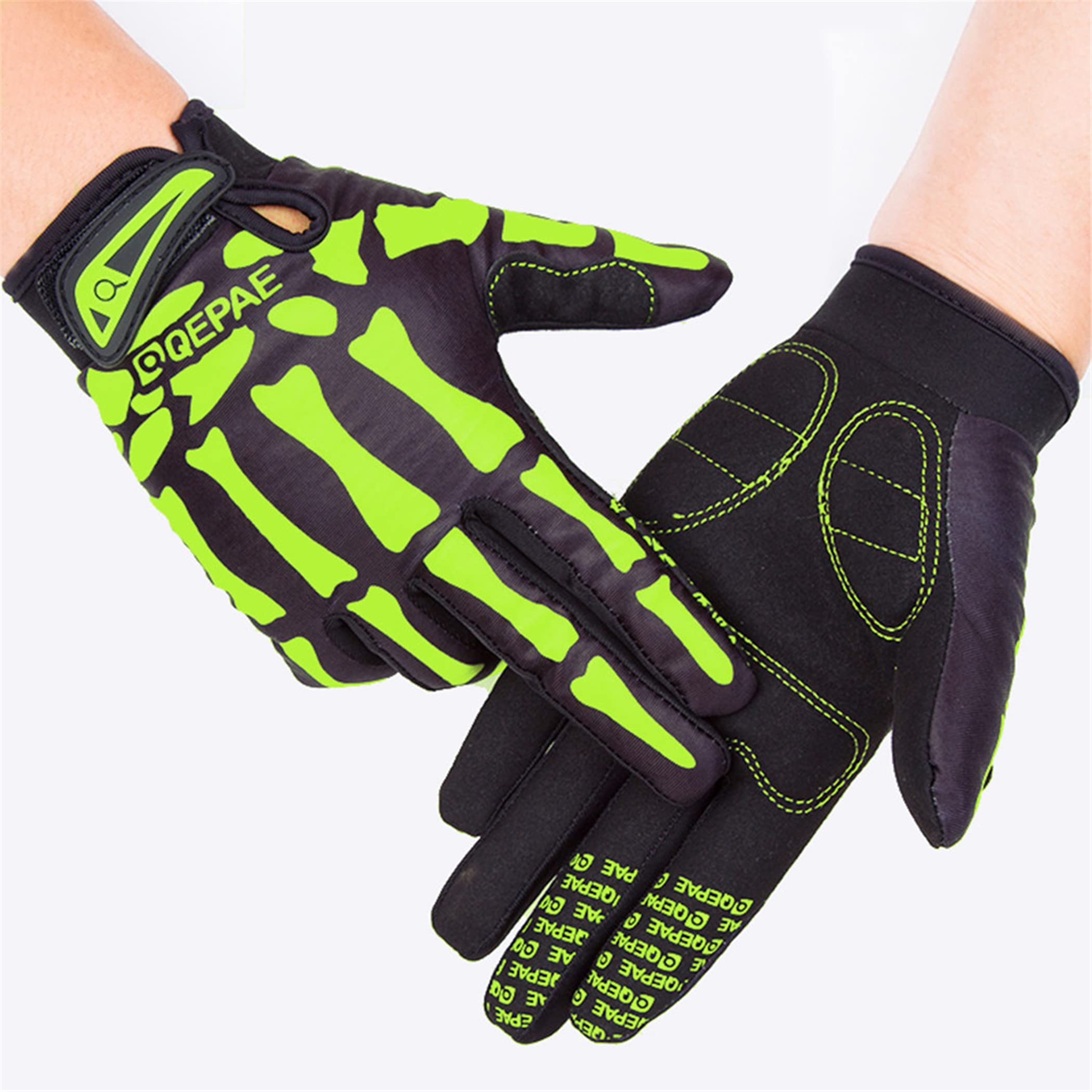 EXCEREY Skull Ghost Riding MTB Bike Gloves Non-Slip Full Finger Off-Road for Running Climbing Riding Biking Outdoor Sports, Gift for Men Women (Green, Size L)