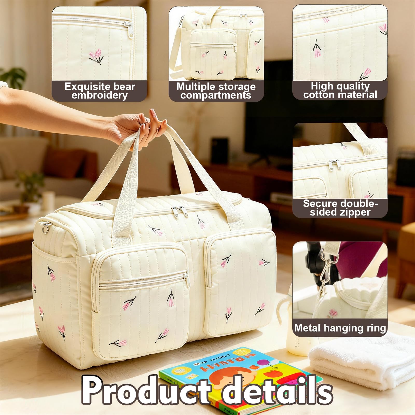 Gonggi Grande borsa per cambio e maternità ospedaliera, in cotone, con ricamo, grande capacità, borsa morbida per pannolini, leggera, da viaggio, con tracolla