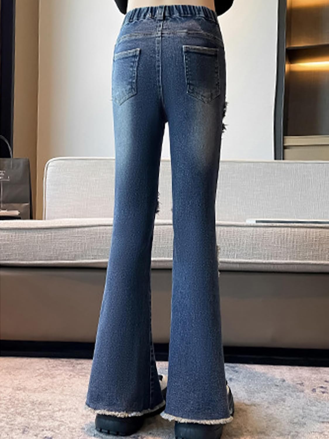 Girl's High Waisted Ripped Raw Hem Flared Jeans Back Pocket Long Bell Bottom Denim Pants