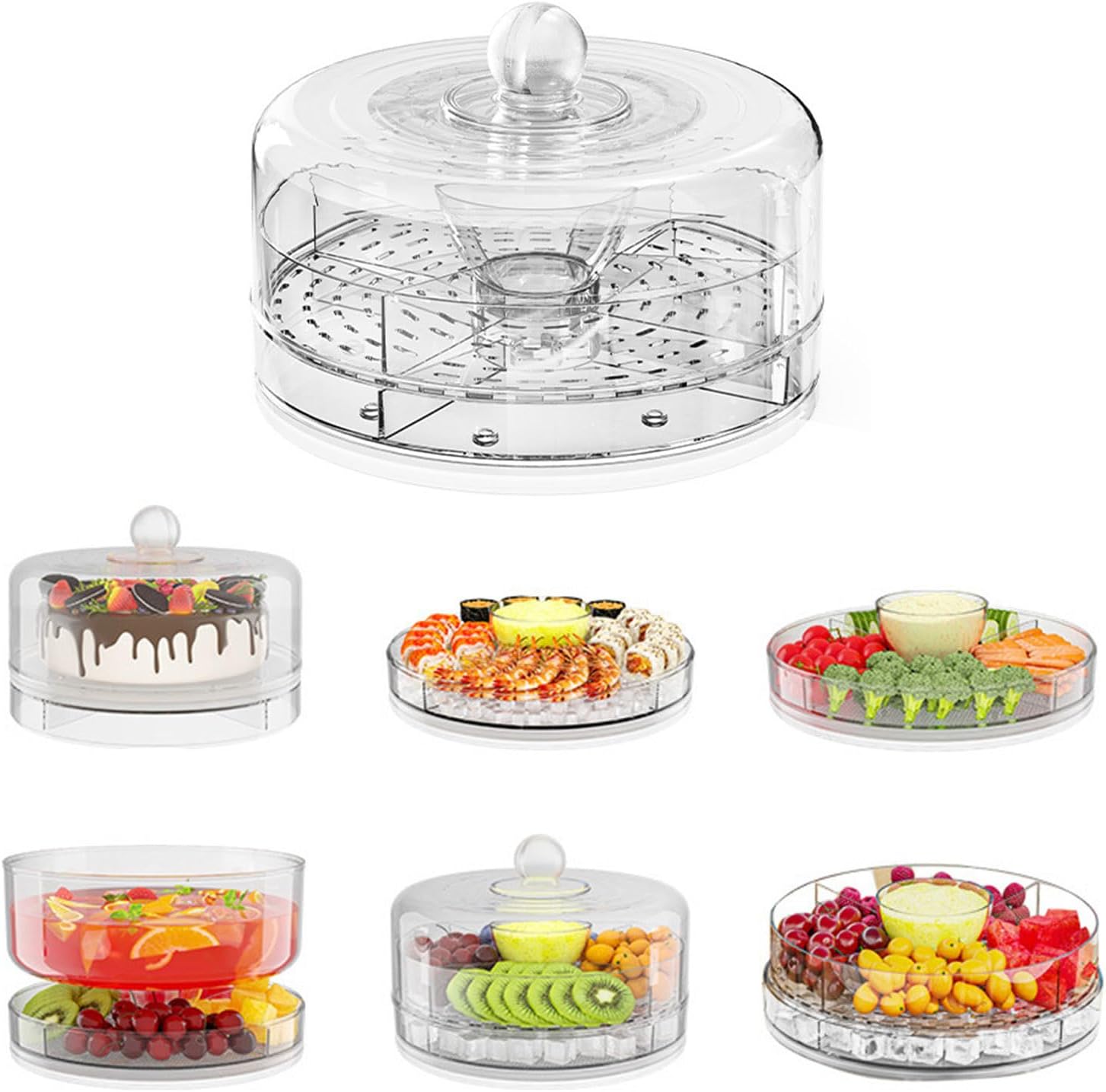 360 Degree Rotating Chilled Serving Platter with 4 Compartments for Snacks Appetizers Clear Food Display Tray Food Storage Container with Lid
