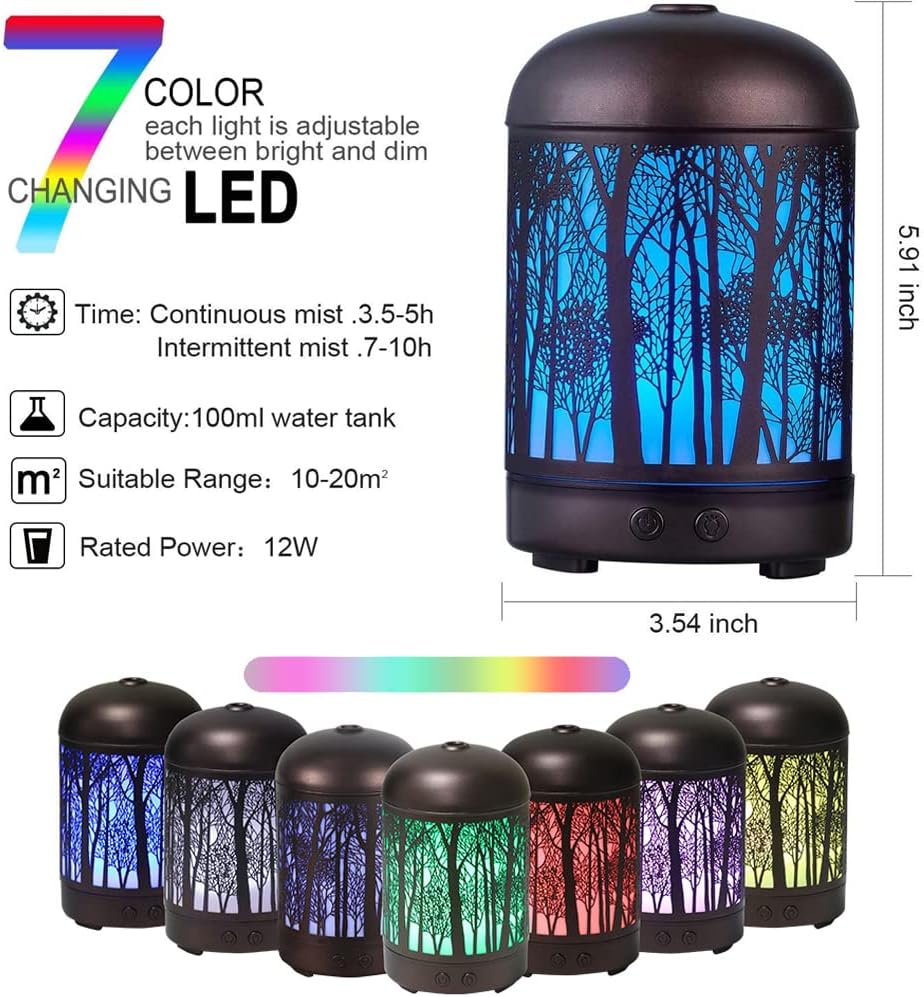 ETAROWKS Essential Oil Diffuser Bronze Metal Diffuser Essential Oil humidifier, with Colorful Night Light and Automatic Shut-Off Function, Suitable for Offices, bedrooms (100ml)