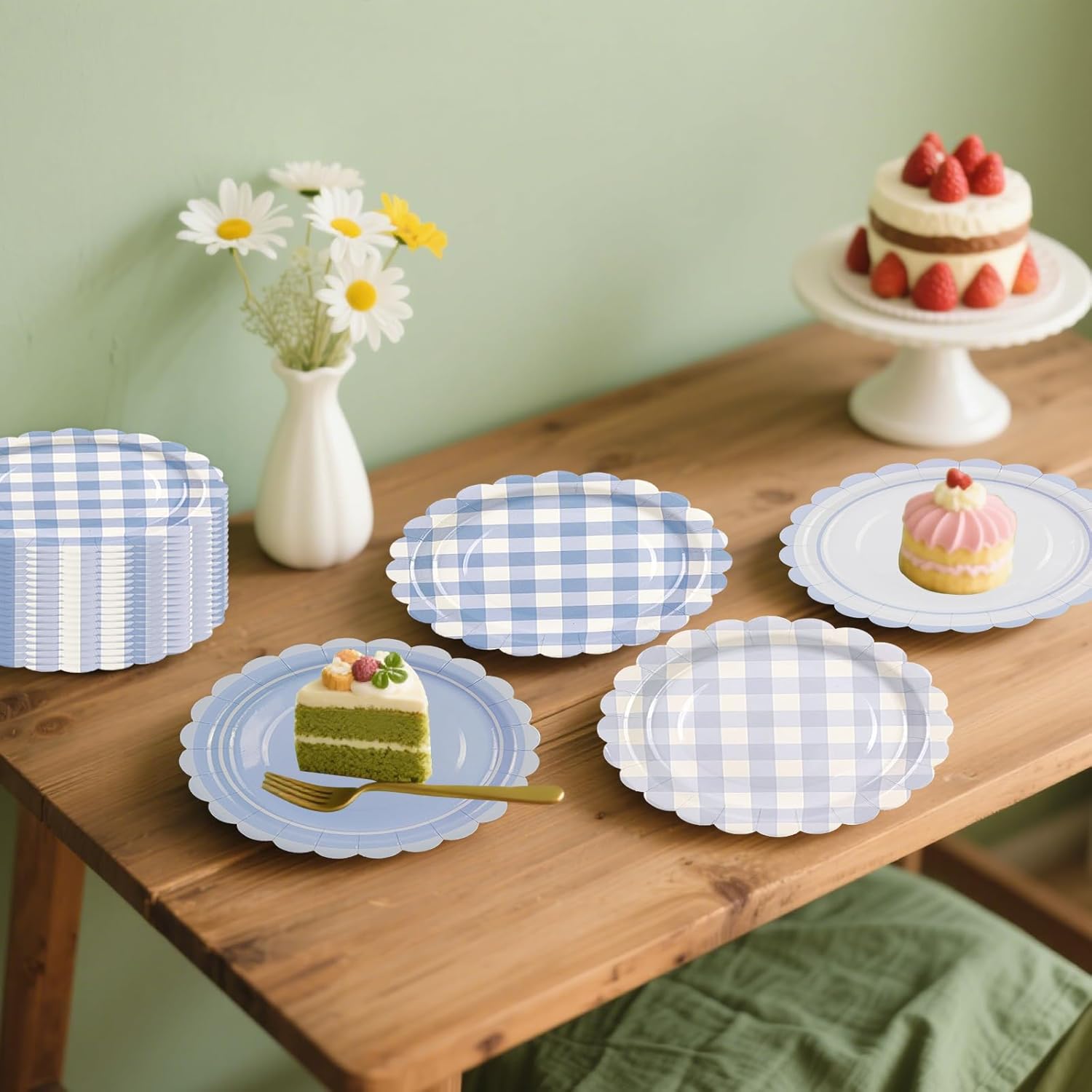 48PCS Light Blue Gingham Paper Dessert Plates - 7 Inch Disposable Scalloped Checkered Dinner Plates for Birthday Baby Shower Wedding Picnic Party Supplies, 4 Styles - Image 4
