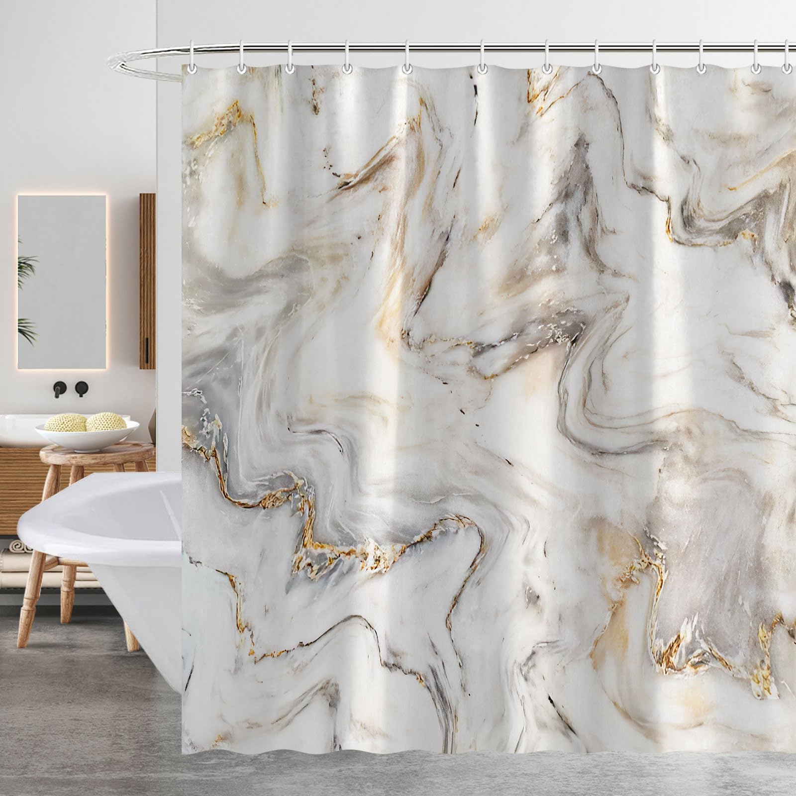 Minicoco Yellow Shower Curtain Mould Proof Mildew Resistant Bathroom Shower Curtains Waterproof Shower Curtain 100% Polyester Marble Shower Curtains With 12 Hooks, 180 X 200 Cm (Marble)