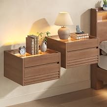 Sikaic Floating Nightstand Set of 2with Charging Station and LED, Brown